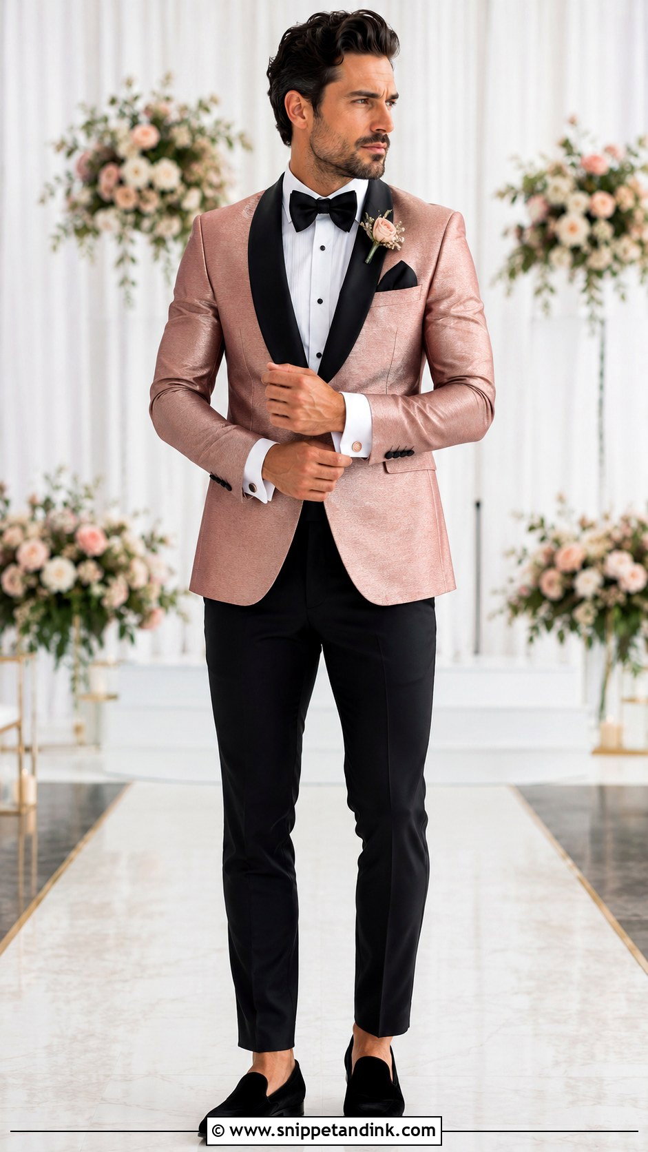 Rose Gold Tuxedo With Black Accessories - Snippet and Ink - 20 Gold Tuxedo Wedding Ideas