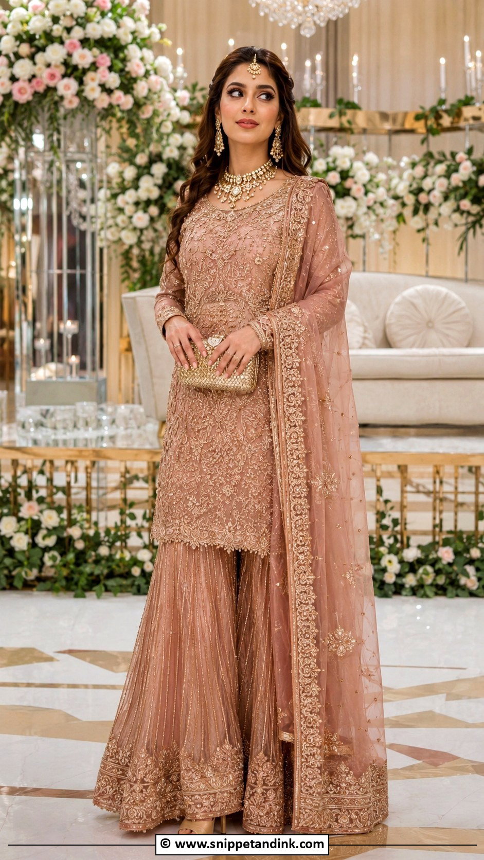 Rose Gold Walima Sharara For Bride - Snippet and Ink - 30 Walima Outfits for Bride