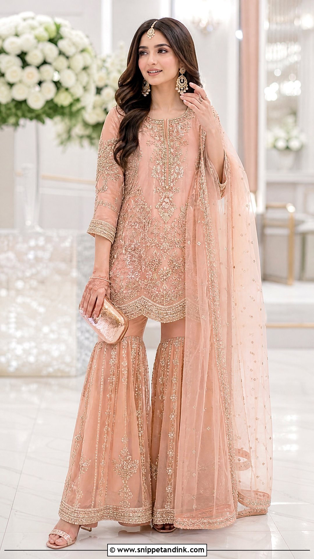 Rose Gold Wedding Chappal With Peach Sharara - Snippet and Ink - 20 Wedding Chappal for Bride Ideas