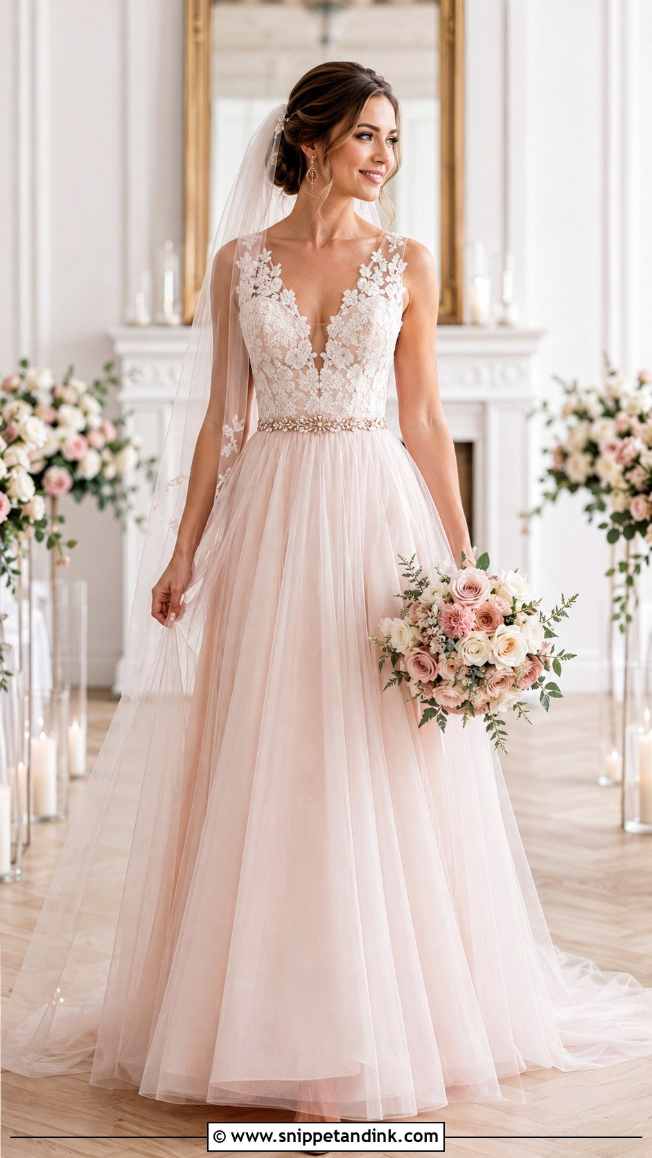 Rose Gold Wedding Dress Belt With Blush Gown - Snippet and Ink - 20 Wedding Dress Belt Ideas