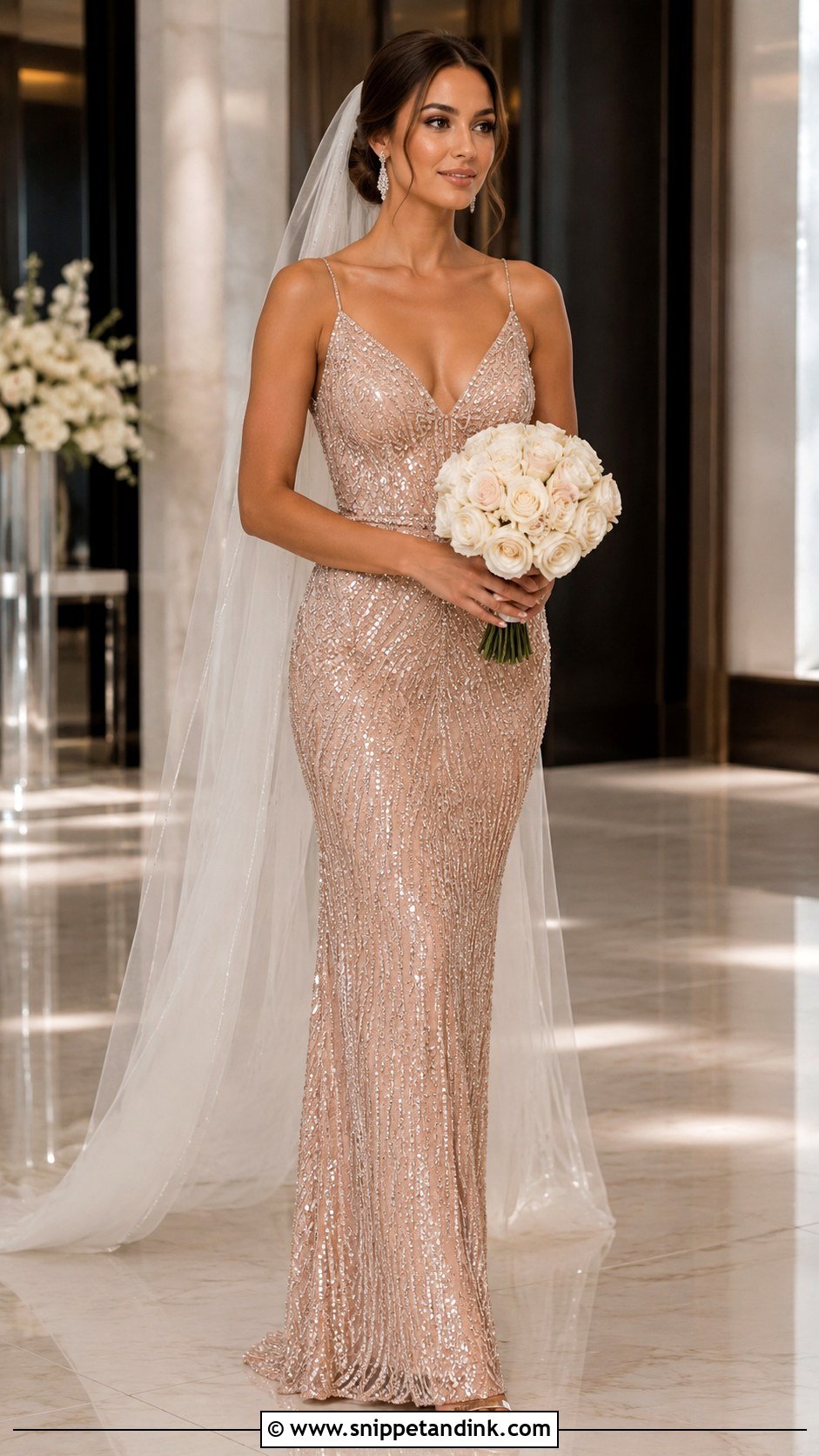 Rose Gold Wedding Dress With Beaded Details - Snippet and Ink - 25 Rose Wedding Dress Ideas