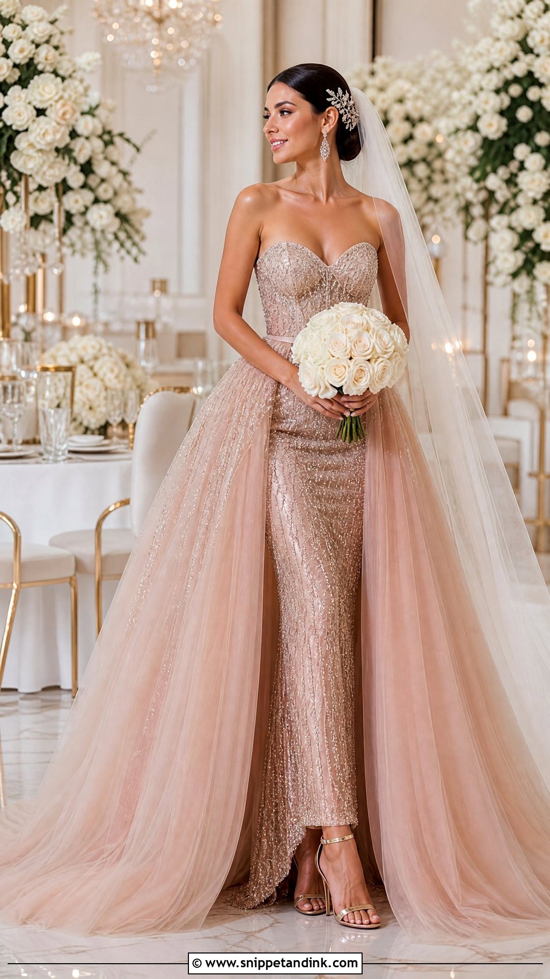 Rose Gold Wedding Gown With Detachable Overskirt - Snippet and Ink - 20 Rose Gold Wedding Gown Ideas