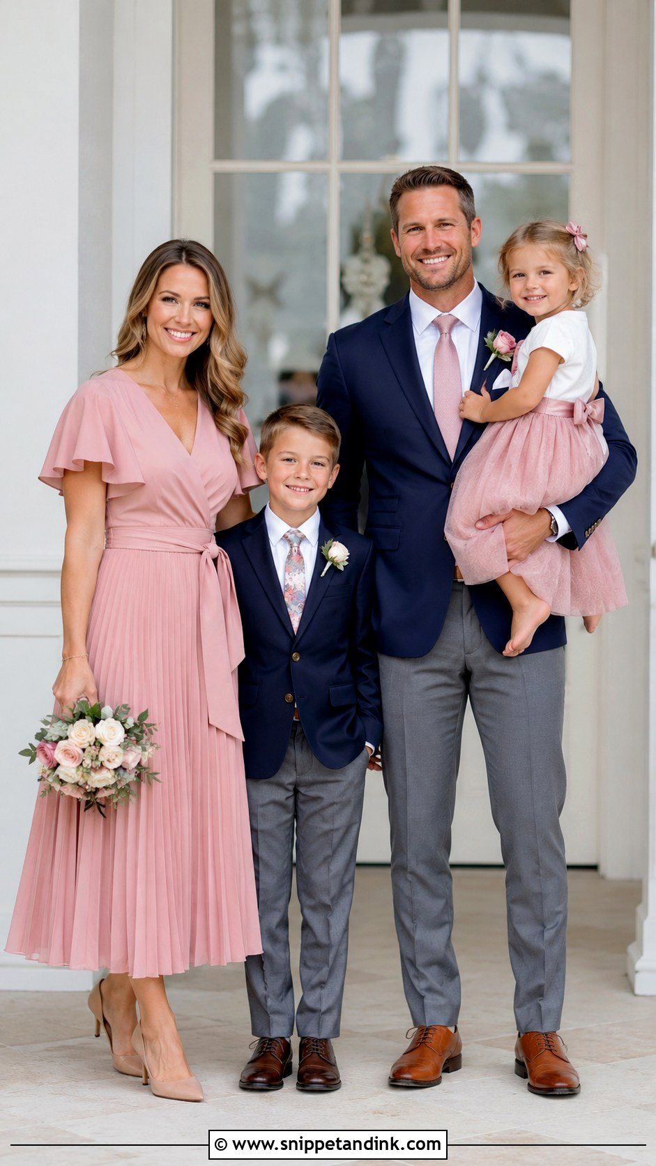 Rose Pink Dress And Navy Blazer Family Wedding Outfit - Snippet and Ink - 25 Family Wedding Outfits