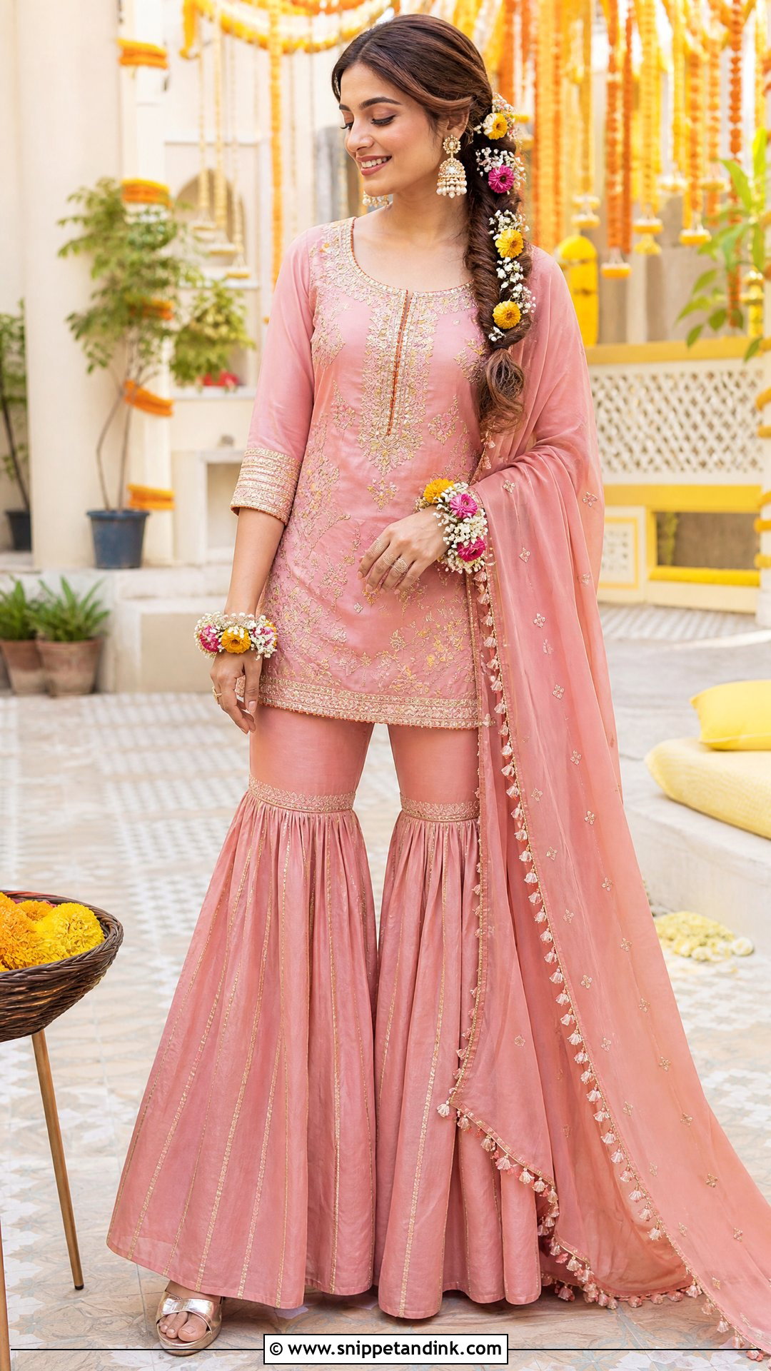 Rose Pink Gharara Suit For Haldi - Snippet and Ink - 20 Pink Haldi Outfit Ideas