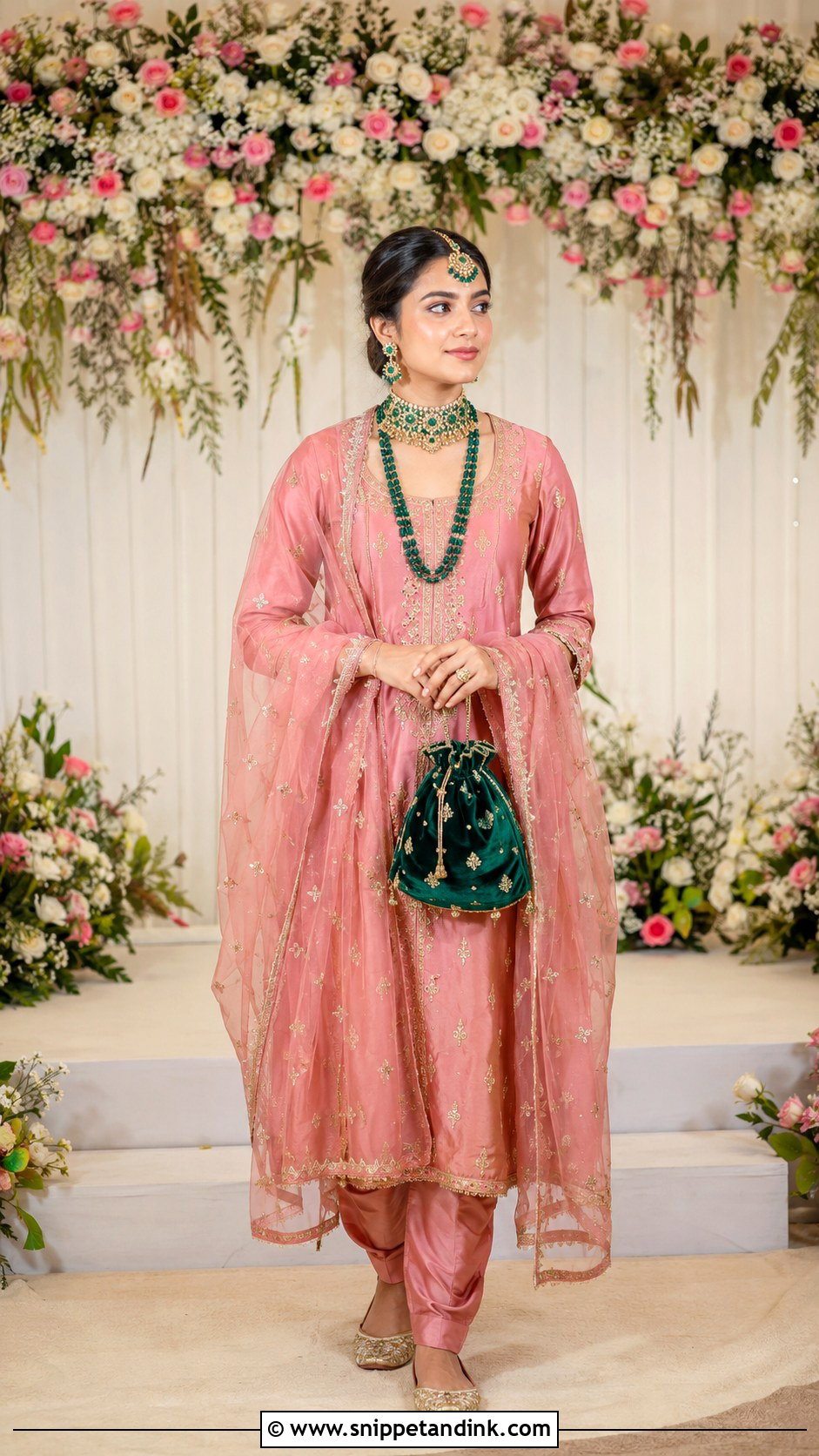Rose Pink Khada Dupatta With Green Jewelry - Snippet and Ink - 20 Khada Duppata Hyderabadi Ideas