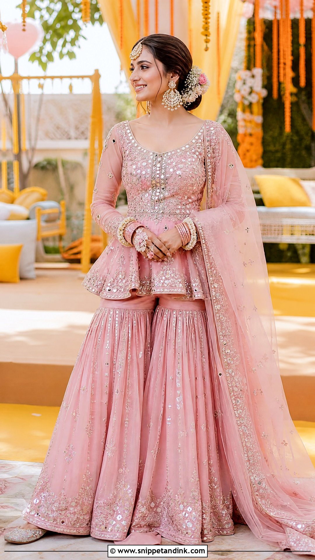 Rose Pink Peplum Sharara for Haldi - Snippet and Ink - 20 Pink Haldi Outfit for Bride Ideas