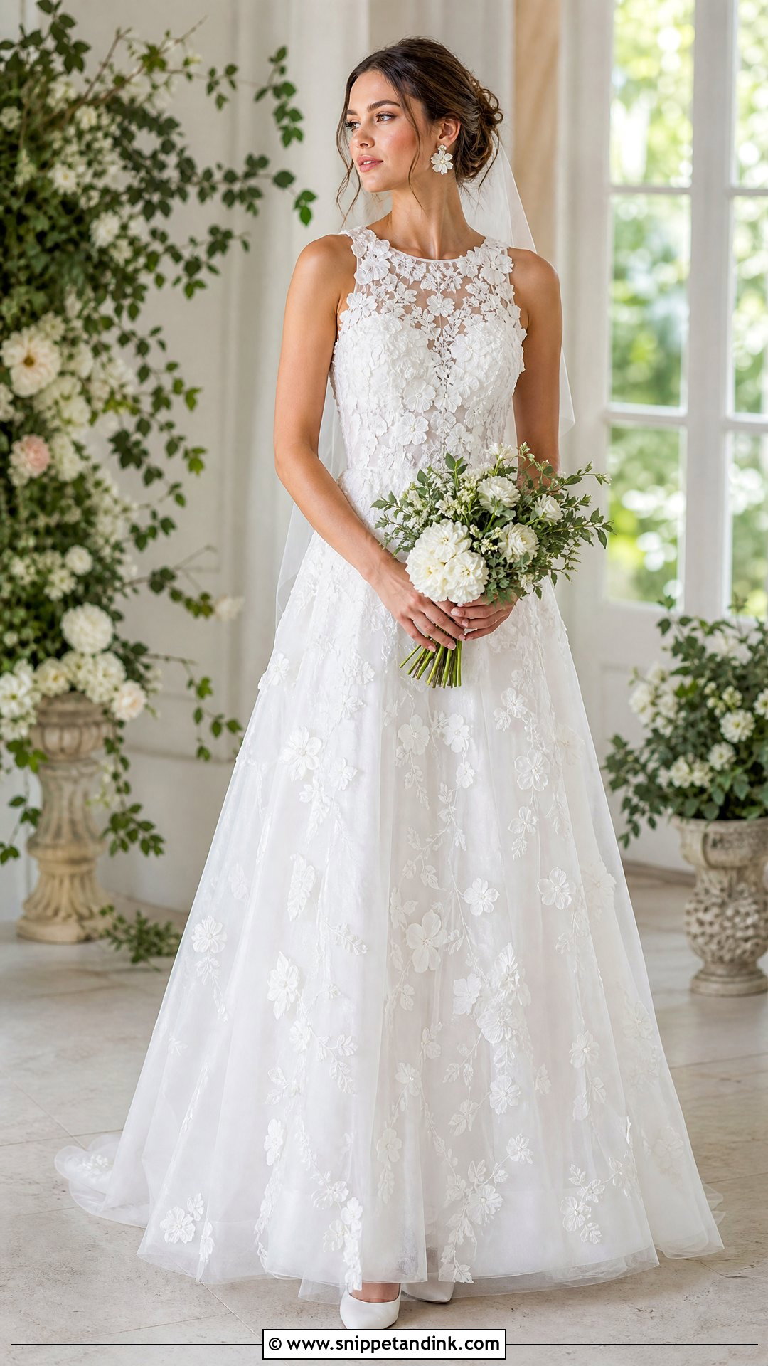 Round Neck Floral Applique Wedding Dress - Snippet and Ink - 20 Round Neck Wedding Dress Ideas