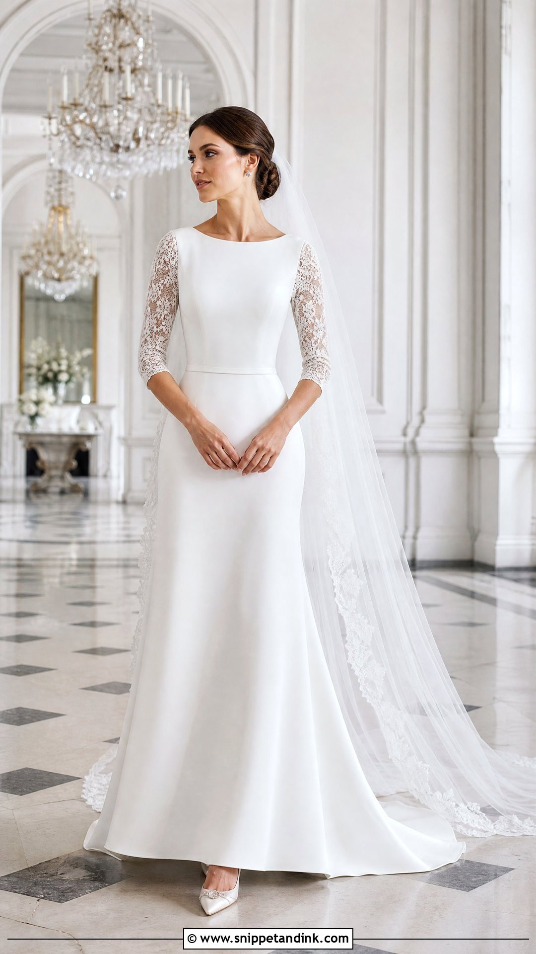 Round Neck Three Quarter Sleeve Wedding Dress - Snippet and Ink - 20 Round Neck Wedding Dress Ideas