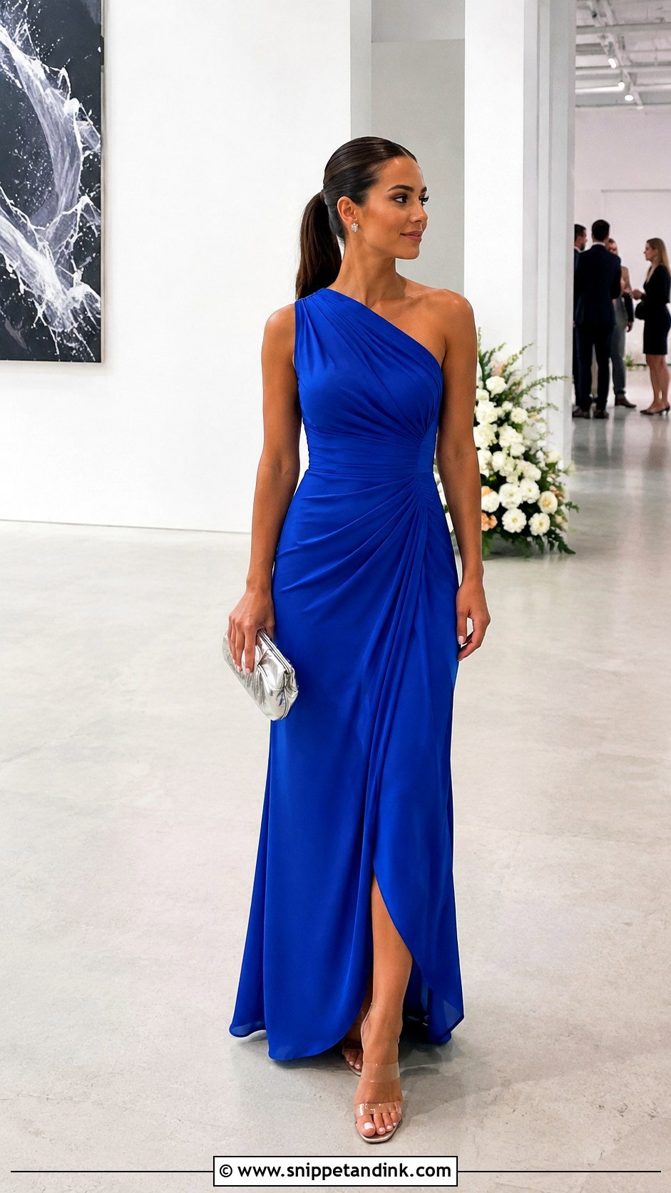 Royal Blue Asymmetric Long Wedding Guest Dress With Clear Heels - Snippet and Ink - 20 Long Dresses for Wedding