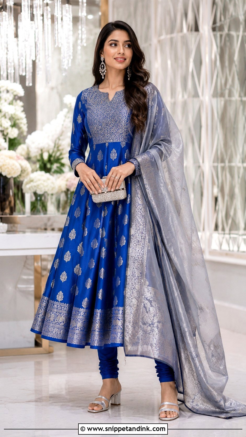 Royal Blue Banaras Anarkali Dress With Silver Dupatta - Snippet and Ink - 20 Banaras Anarkali Dresses