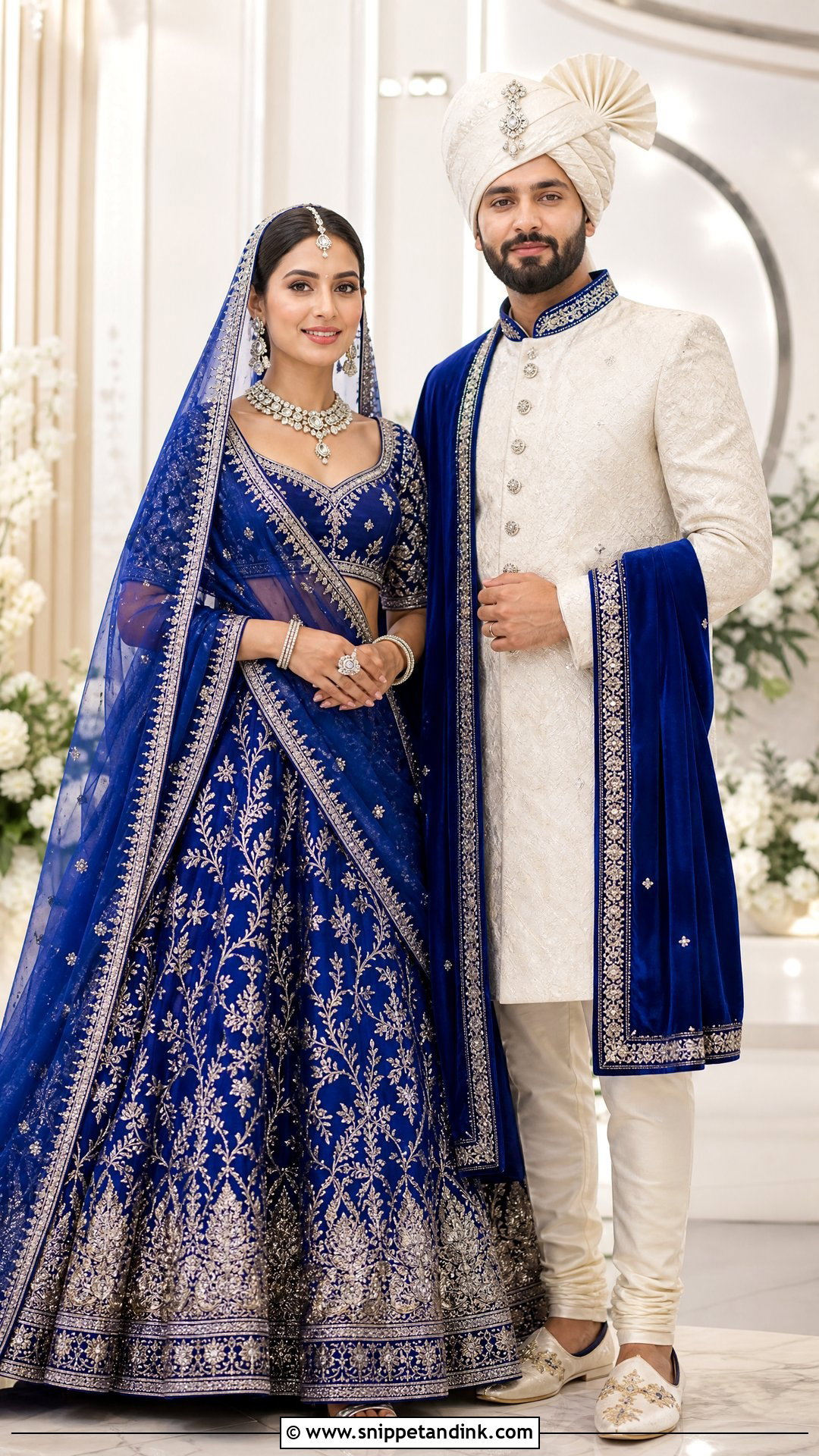 Royal Blue Bridal Lehenga And Ivory Sherwani Couple Outfit - Snippet and Ink - 20 Indian Bridal Couple Dress Ideas