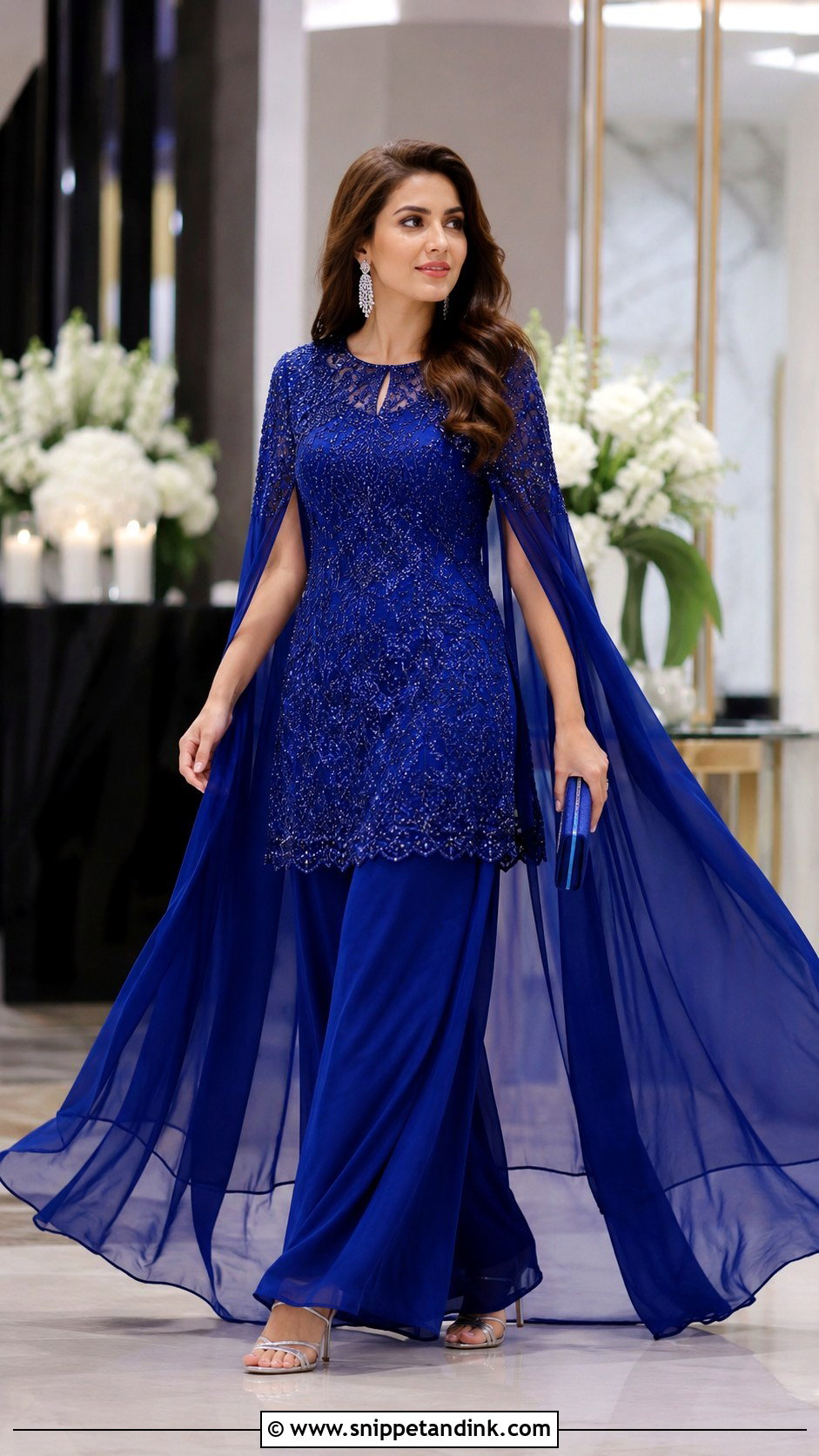 Royal Blue Cape Long Shirt Palazzo Wedding Outfit - Snippet and Ink - 20 Long Shirt with Plazo Wedding Dress Ideas