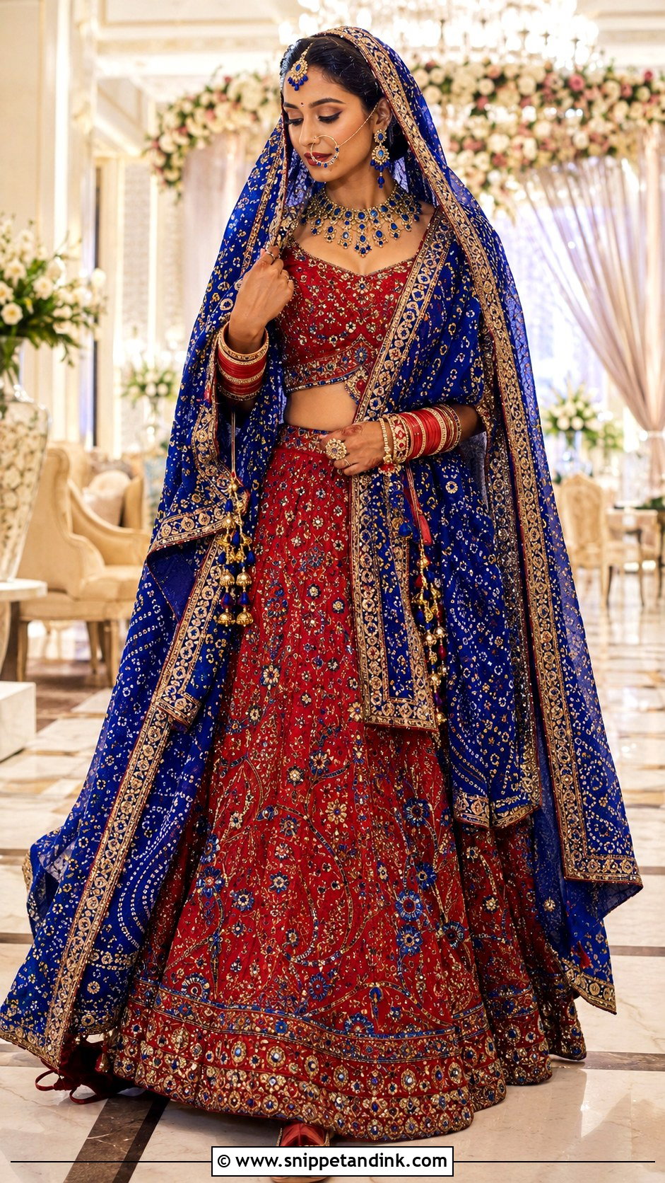 Royal Blue Chundadi With Red Lehenga - Snippet and Ink - 20 Chundadi Design for Marriage Ideas