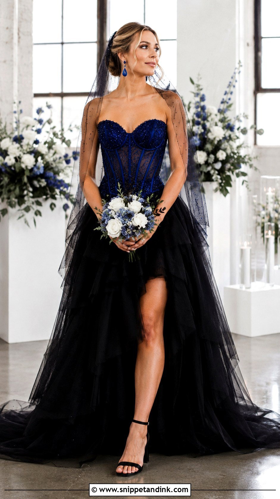 Royal Blue Corset Wedding Dress With Black Tulle - Snippet and Ink - 20 Black and Blue Wedding Dress Ideas