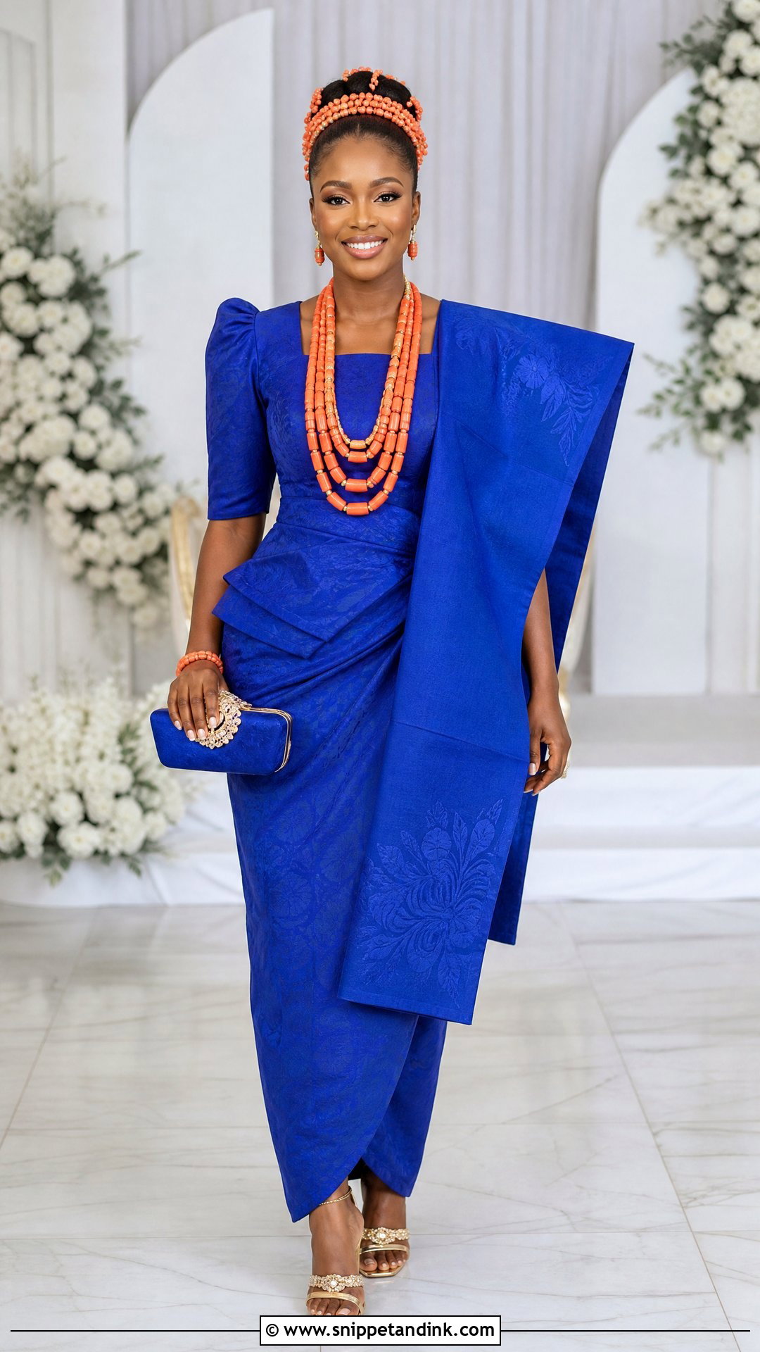 Royal Blue Double Wrapper Outfit With Coral Beads - Snippet and Ink - 20 Royal Blue Traditional Wedding Attire Ideas