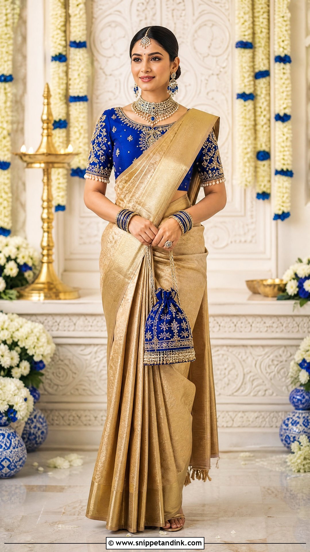 Royal Blue Kundan Maggam Work Blouse With Gold Saree - Snippet and Ink - 20 Wedding Maggam Work Blouse Designs