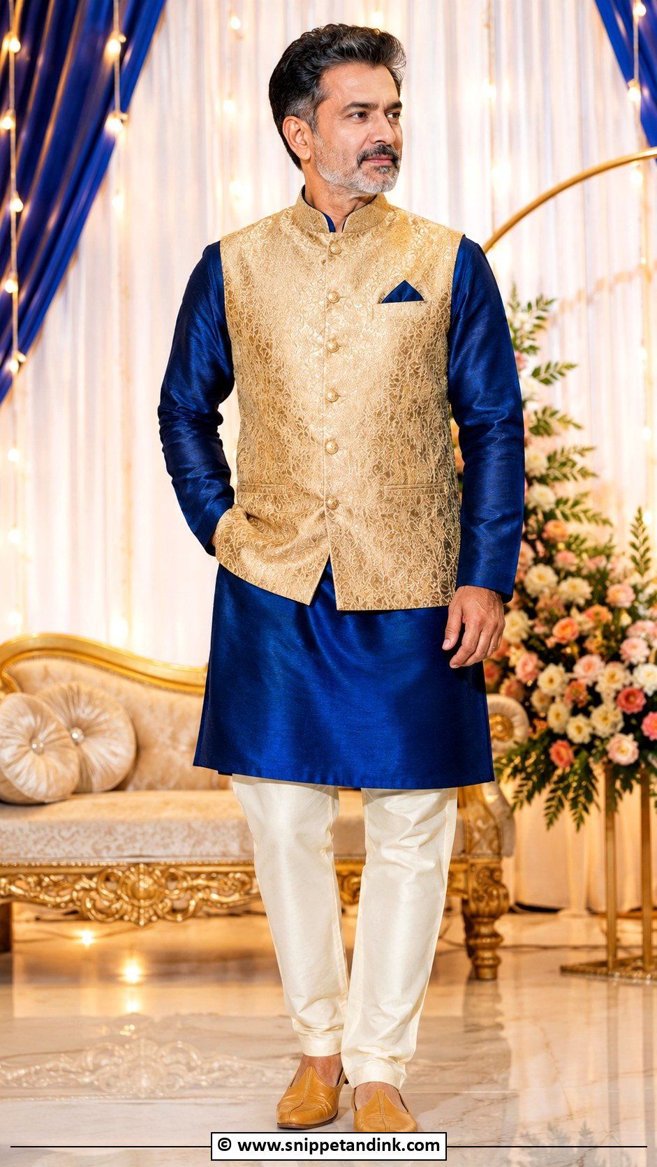 Royal Blue Kurta With Gold Jacket - Snippet and Ink - 25 Indian Bride's Father Outfit Ideas