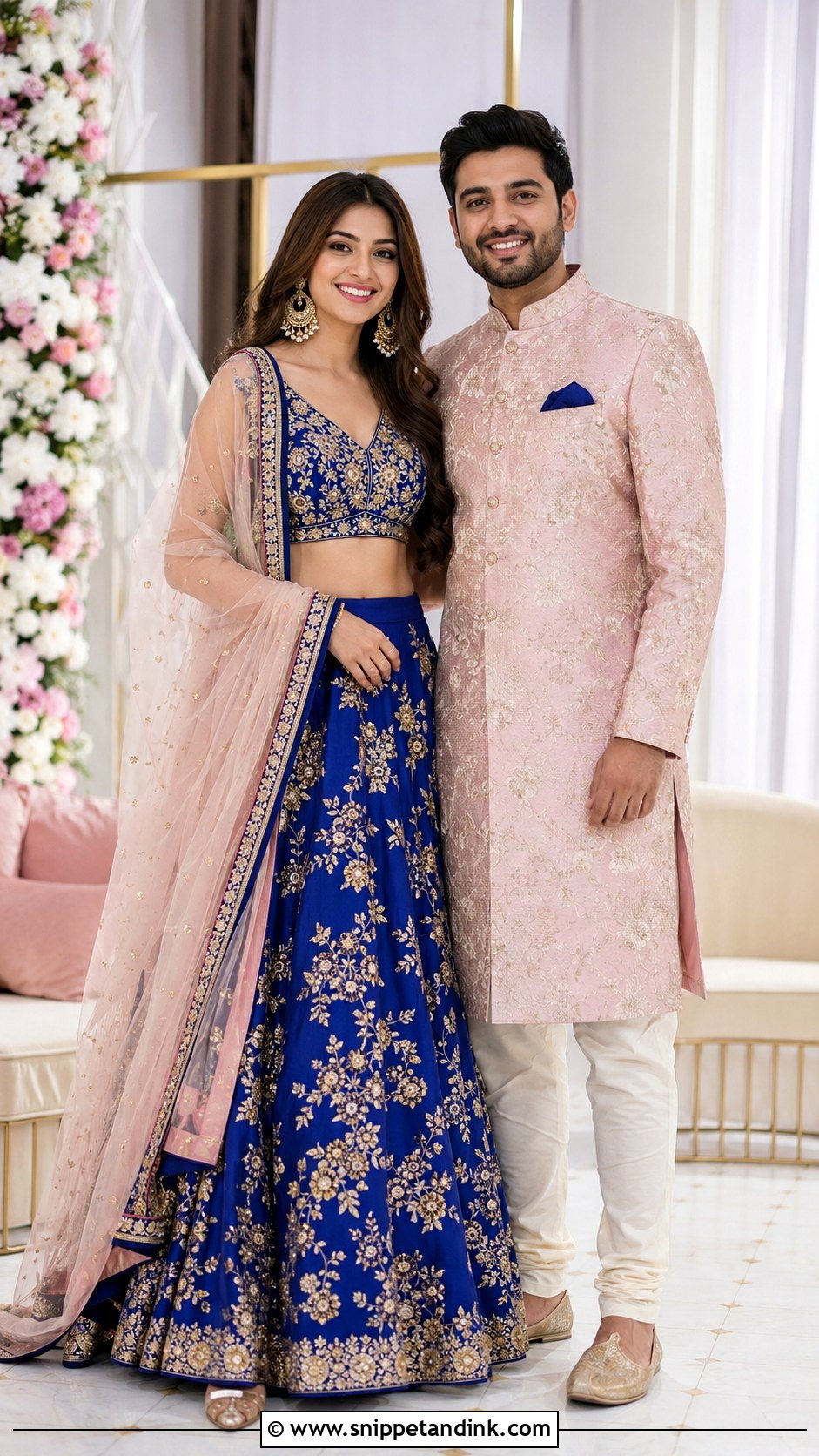 Royal Blue Lehenga And Blush Pink Sherwani - Snippet and Ink - 20 Couple Matching Dress Indian Wedding Ideas