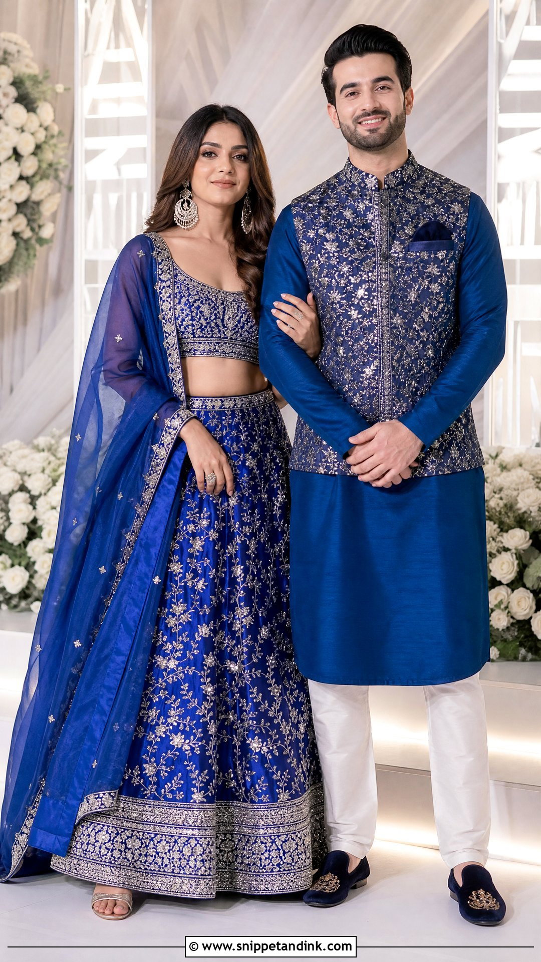 Royal Blue Lehenga And Embroidered Kurta Sangeet Couple Outfit - Snippet and Ink - 20 Sangeet Outfit for Couple Ideas