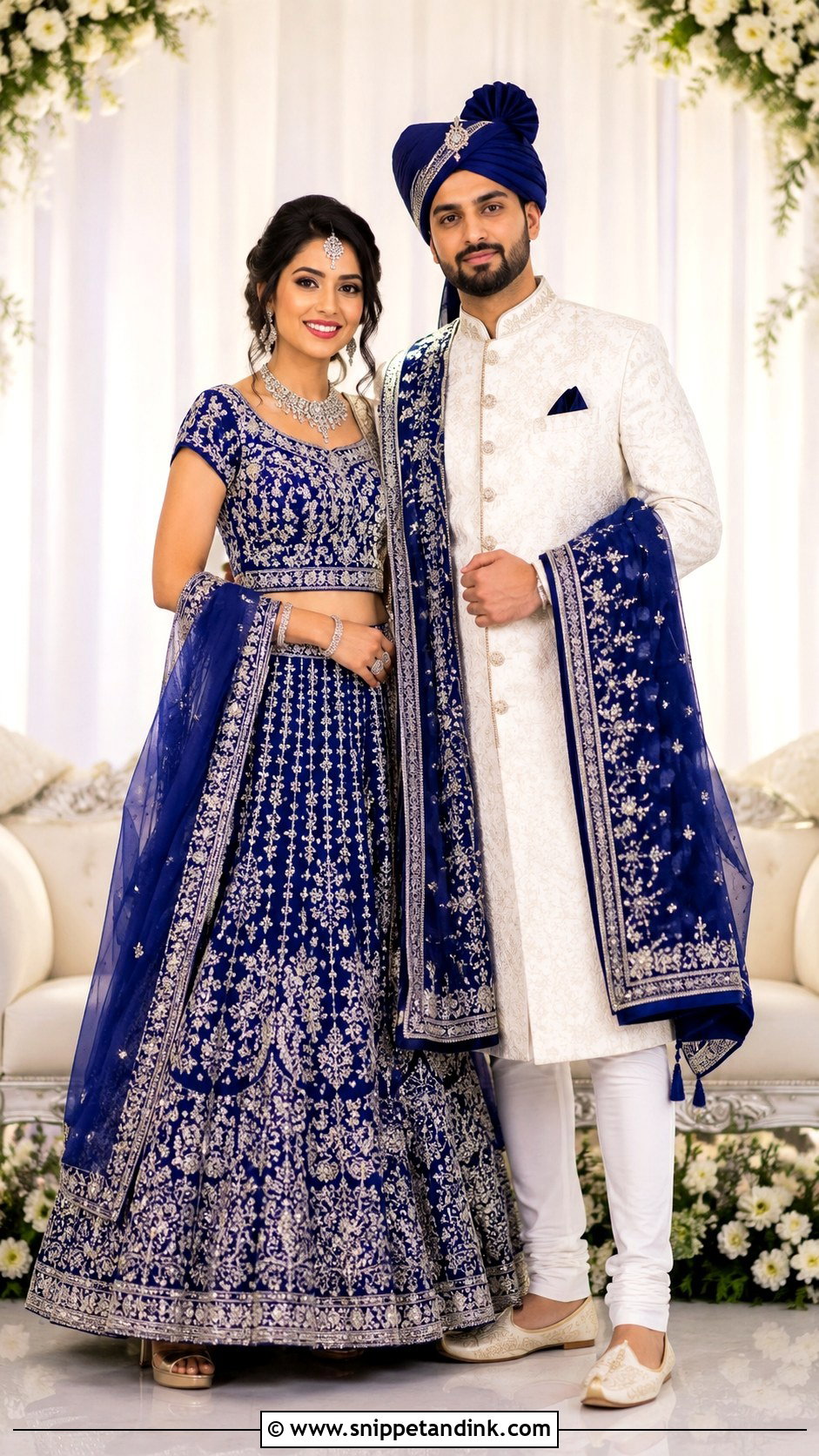 Royal Blue Lehenga And White Sherwani Wedding Couple Dress Combination - Snippet and Ink - 25 Wedding Couple Dress Combination Ideas