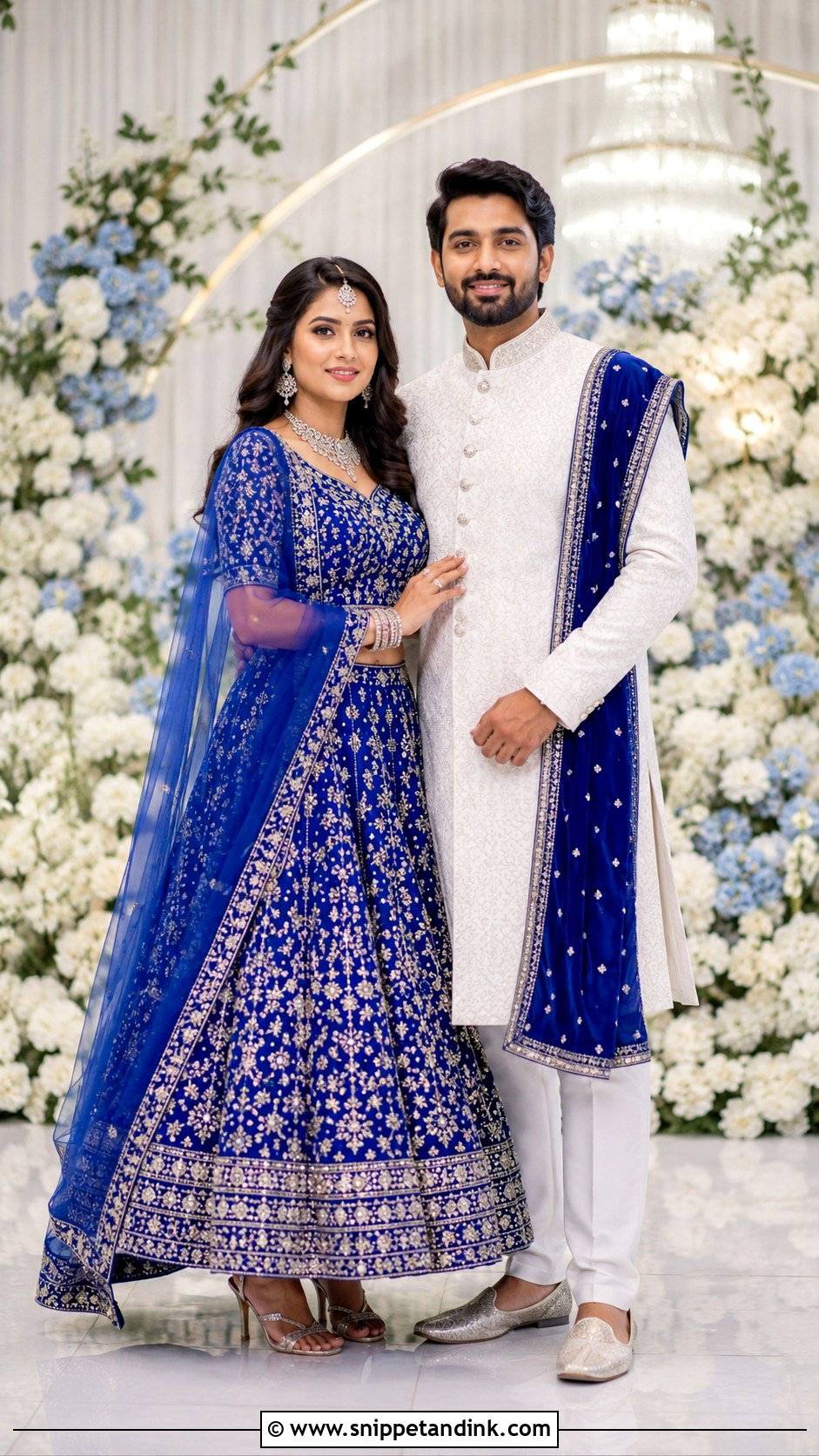Royal Blue Lehenga And White Sherwani Wedding Outfit - Snippet and Ink - 25 Couple Contrast Outfits for Wedding