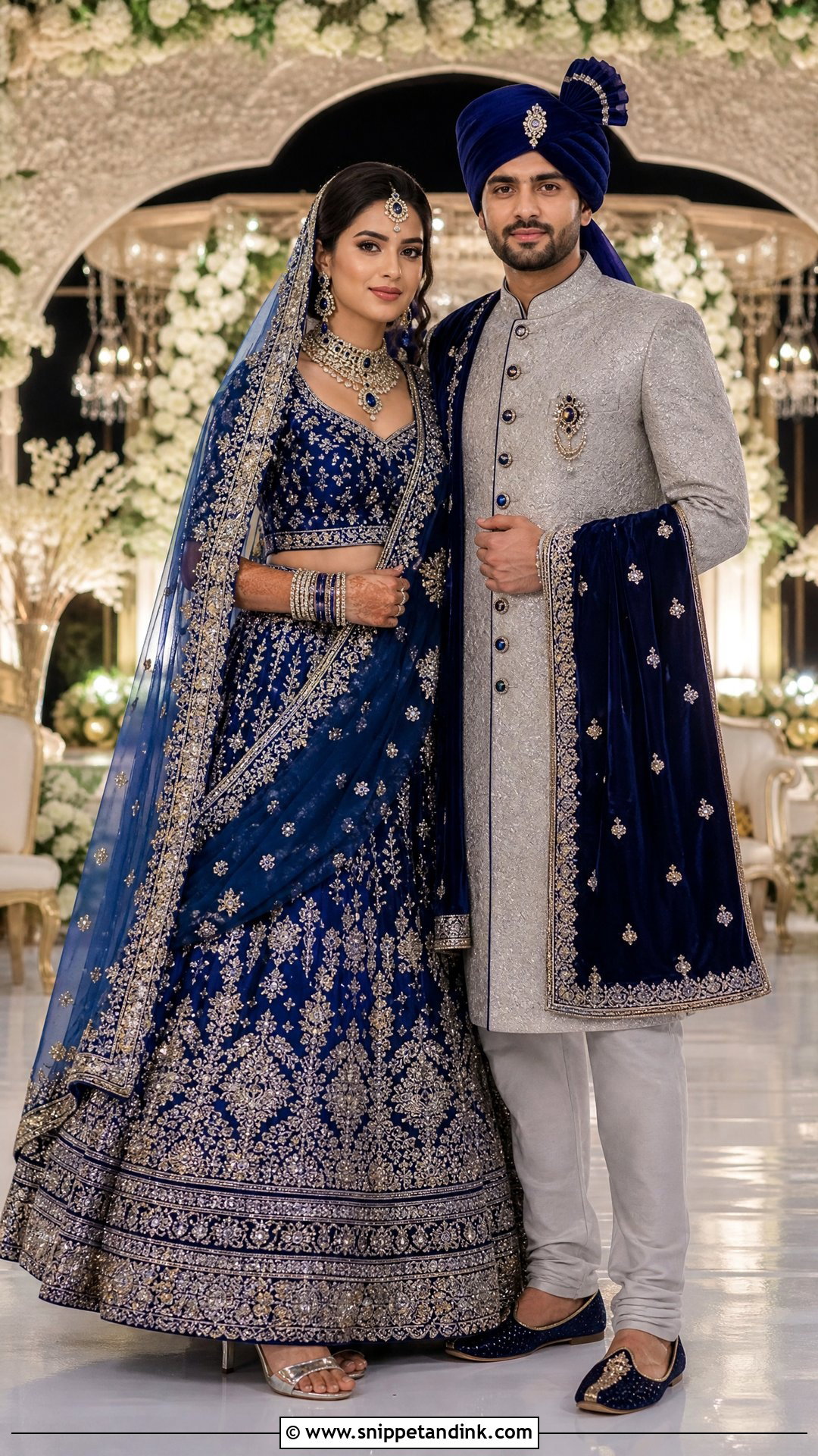 Royal Blue Lehenga With Silver Sherwani - Snippet and Ink - 25 Indian Hindu Couple Wedding Dress Ideas