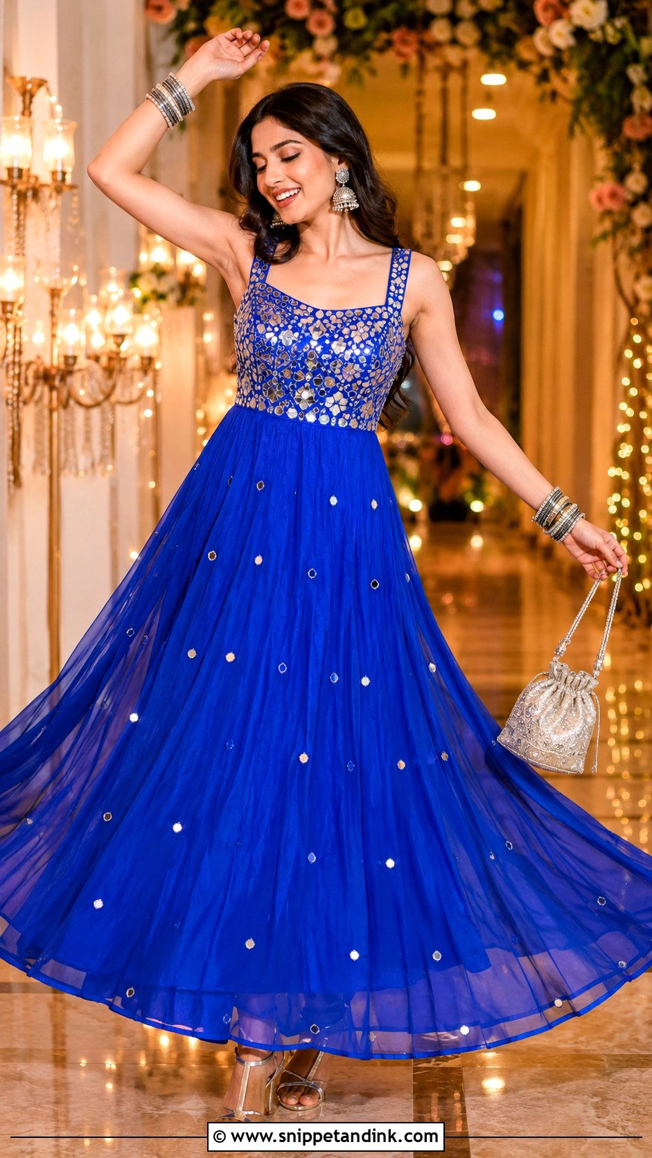 Royal Blue Mirror Work Gown for Sangeet Function - Snippet and Ink - 20 Gown for Sangeet Function Ideas