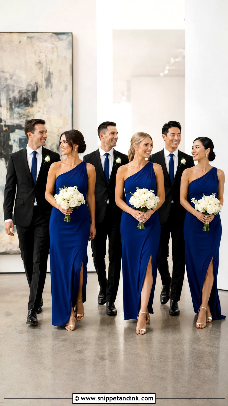 Royal Blue One Shoulder Dresses With Black Suits - Snippet and Ink - 20 Blue Wedding Party Attire Ideas