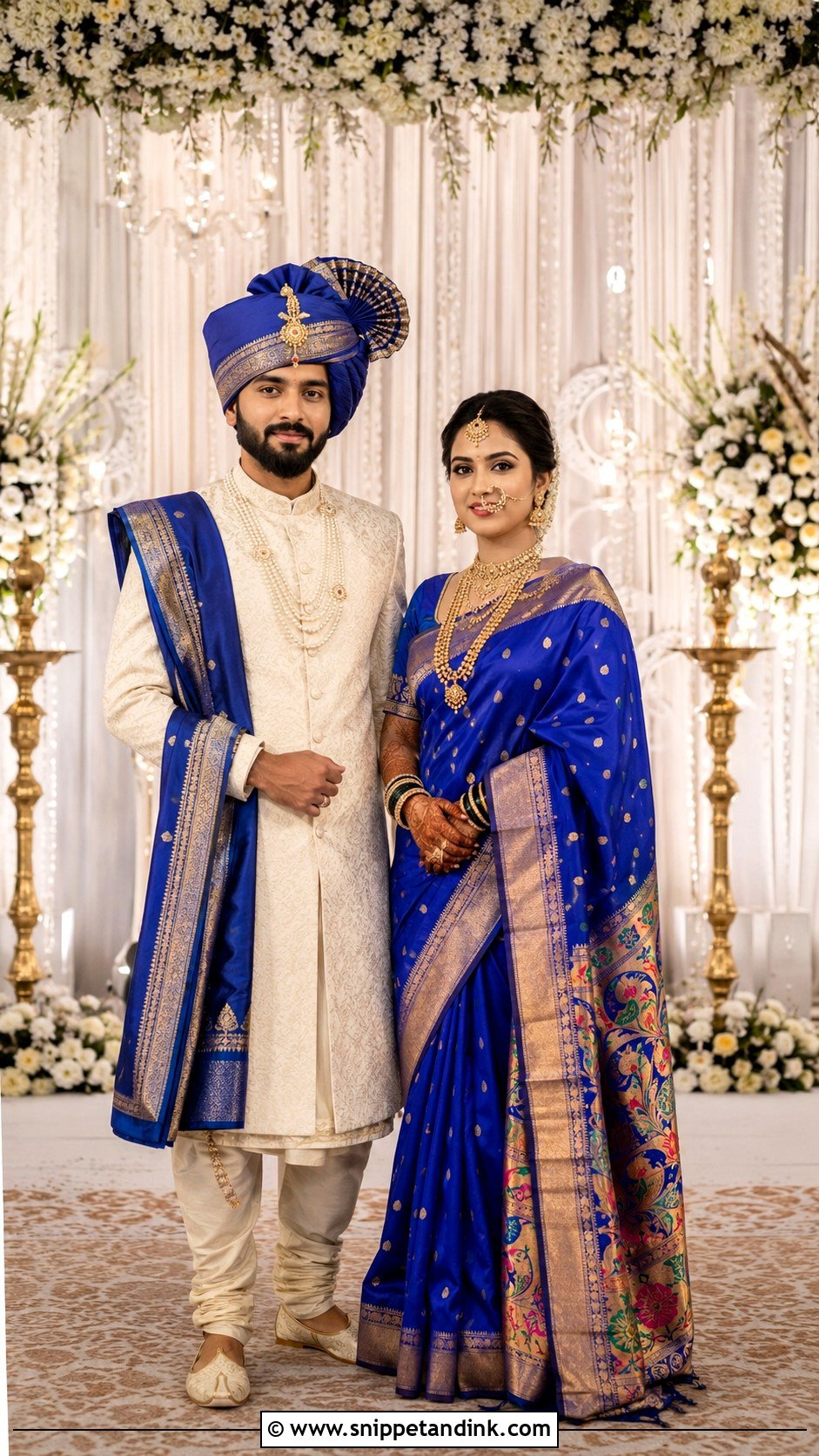 Royal Blue Paithani And Ivory Sherwani Peshwai Look - Snippet and Ink - 25 Peshwai Look for Wedding Couple Ideas