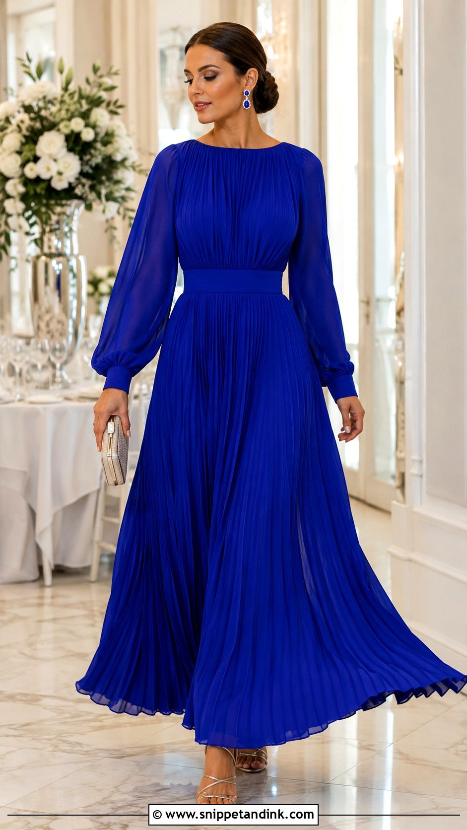 Royal Blue Pleated Long Sleeve Gown - Snippet and Ink - 20 Elegant Long Sleeve Gown Ideas