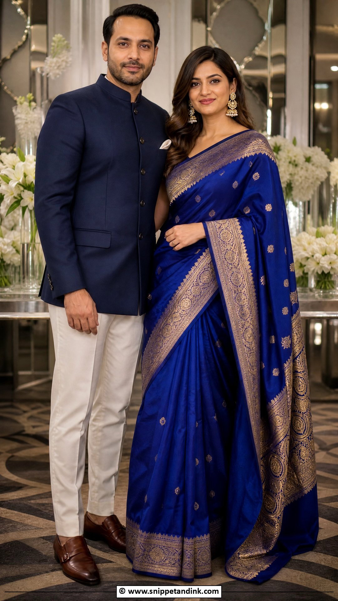 Royal Blue Saree And Blue Bandhgala - Snippet and Ink - 35 Indian Couple Matching Dress Ideas