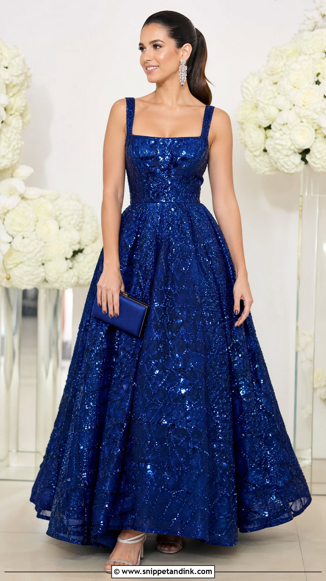 Royal Blue Sequin Ball Gown With Crystal Earrings - Snippet and Ink - 20 Sequin Ball Gown Ideas
