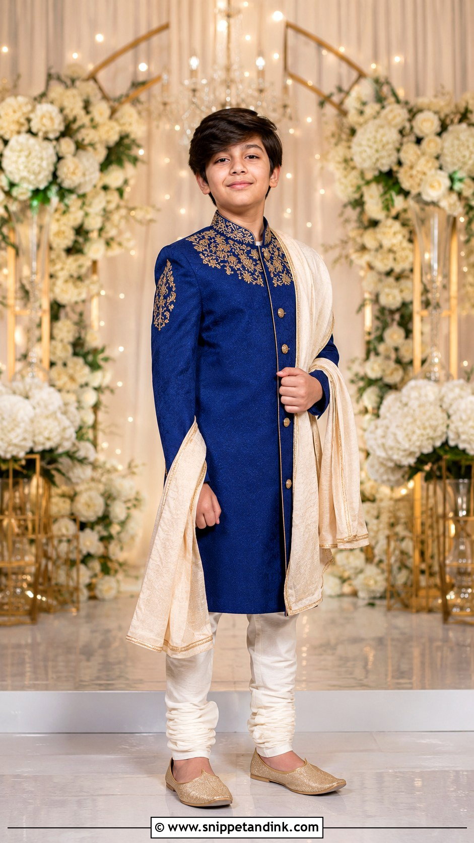 Royal Blue Sherwani With Gold Juttis - Snippet and Ink - 20 Boys Sangeet Outfit Ideas
