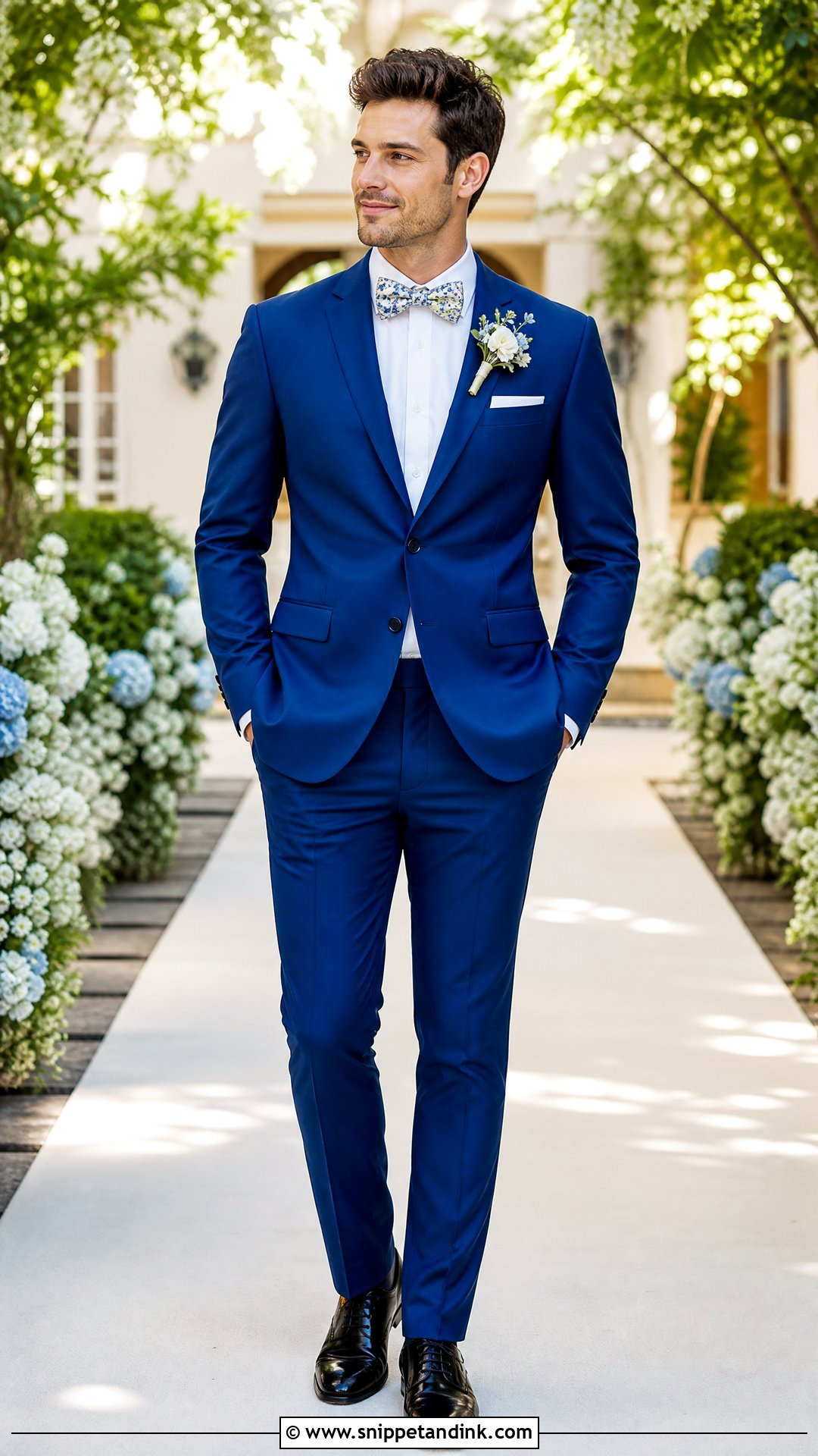 Royal Blue Tuxedo With Floral Bow Tie - Snippet and Ink - 20 Royal Blue Tuxedo Wedding Ideas