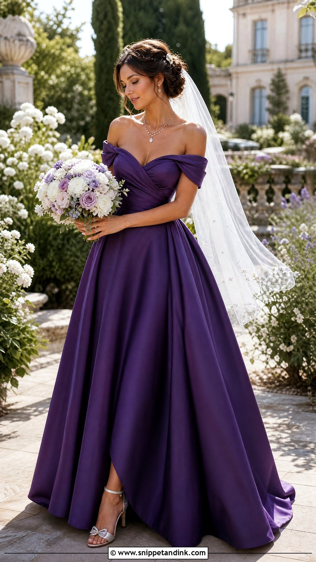 Royal Purple Off Shoulder Wedding Dress - Snippet and Ink - 20 Royal Purple Wedding Dress Ideas