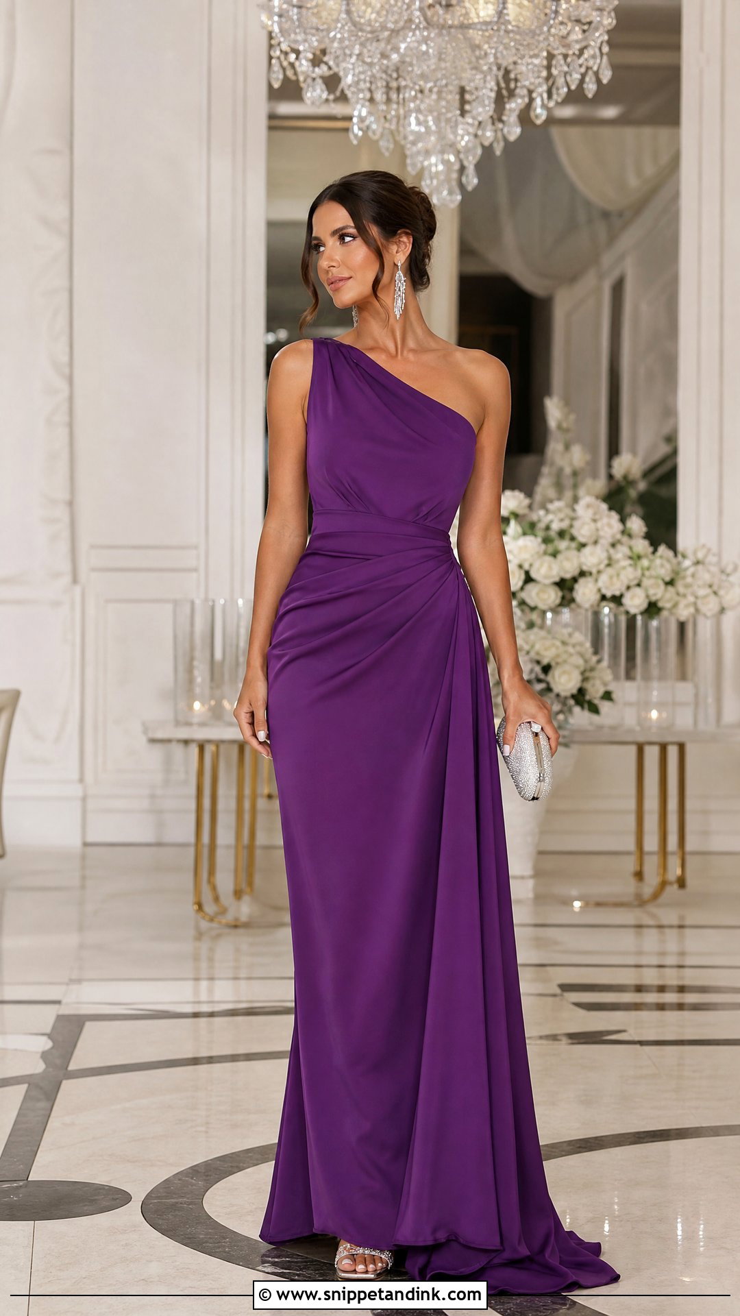 Royal Purple One Shoulder Gown With Metallic Heels - Snippet and Ink - 20 Purple Dresses for Wedding