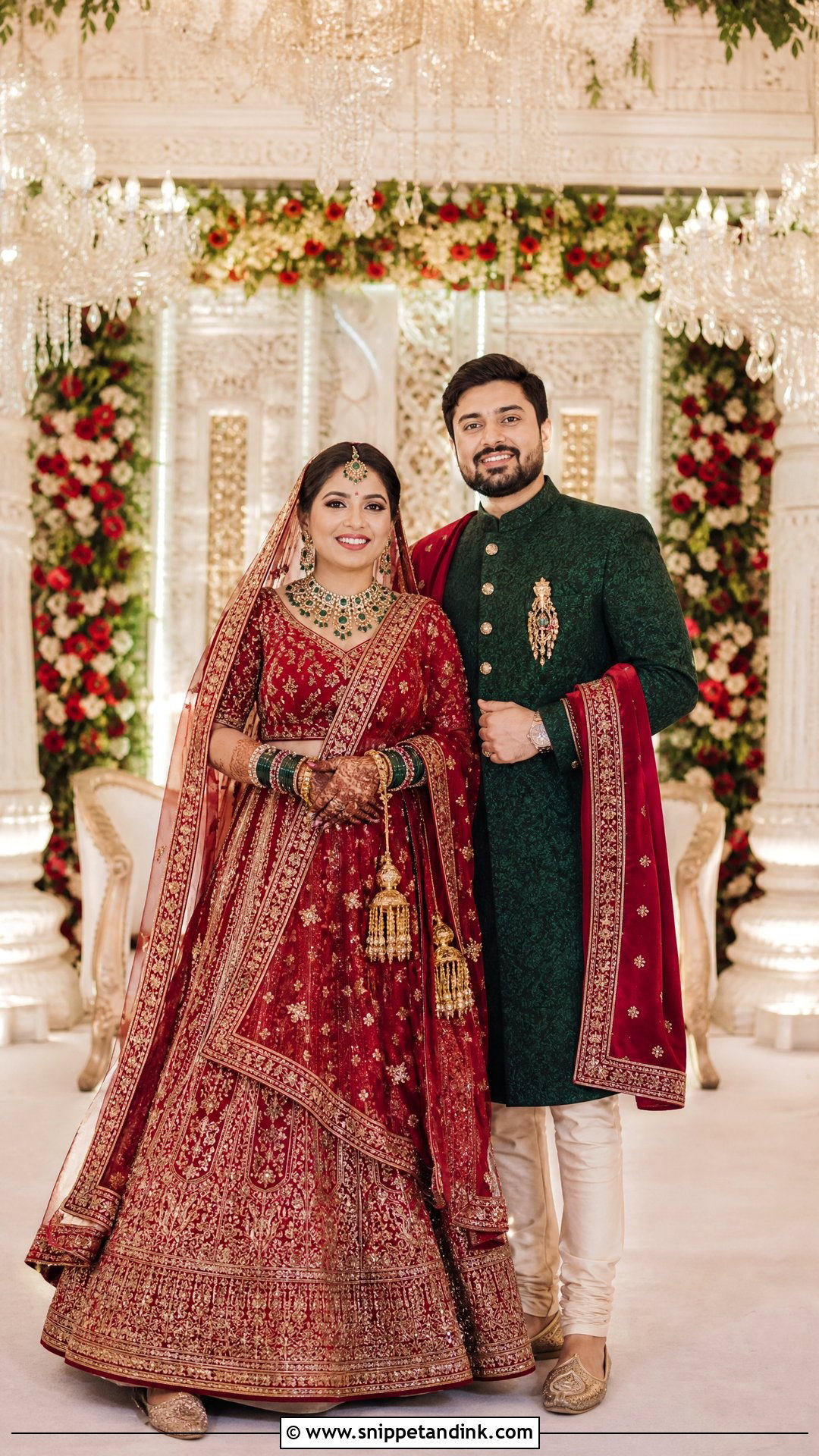 Ruby Lehenga And Emerald Groom Sherwani - Snippet and Ink - 25 Indian Wedding Couple Dress Ideas