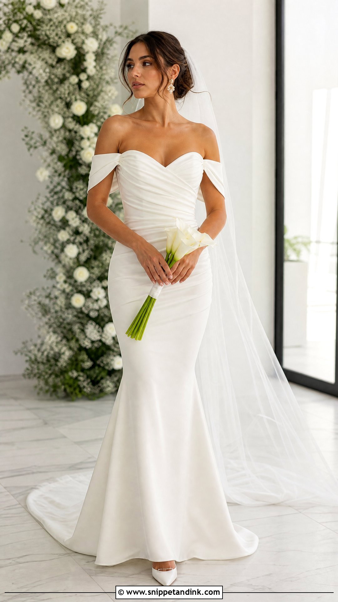 Ruched Off the Shoulder Fit and Flare Wedding Dress - Snippet and Ink - 20 Wedding Dress Off the Shoulder Sleeves