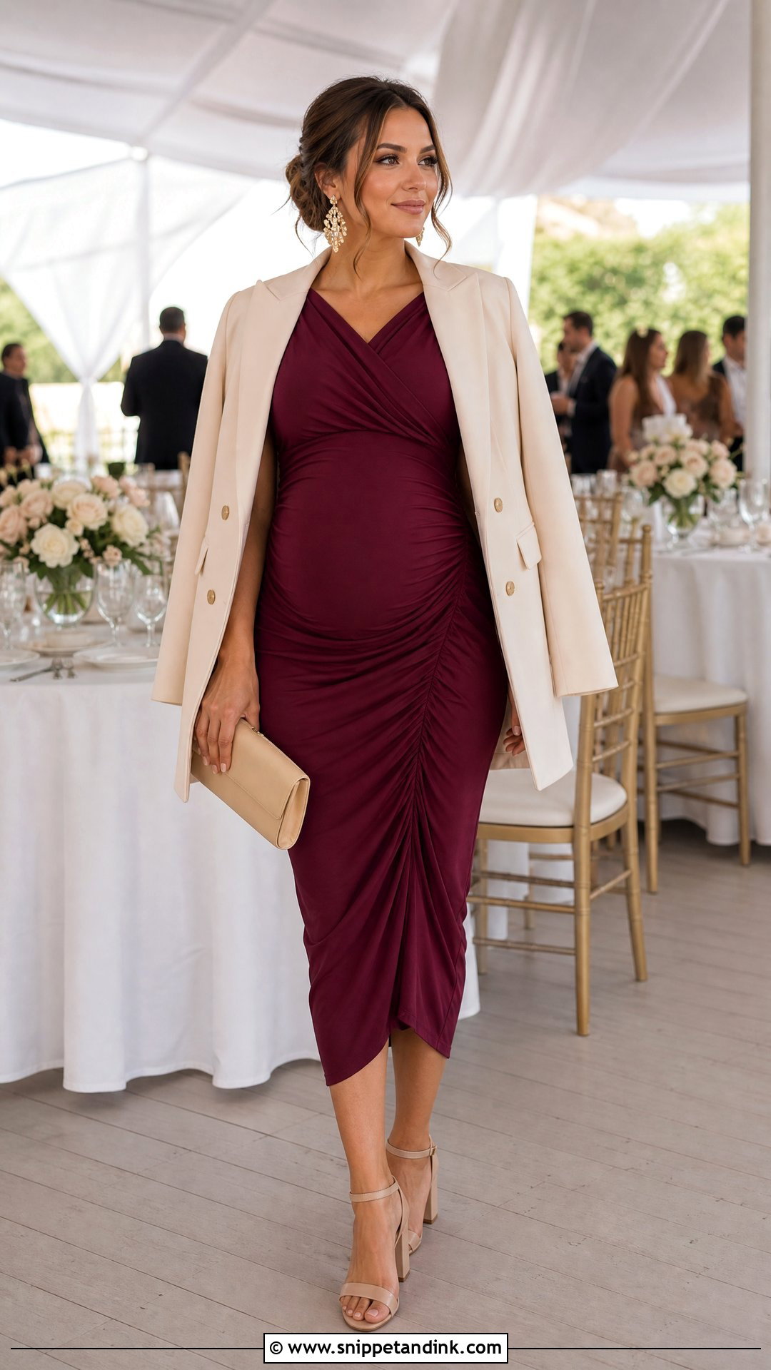 Ruched Postpartum Wedding Guest Dress With Statement Earrings - Snippet and Ink - 20 Postpartum Dresses for Wedding