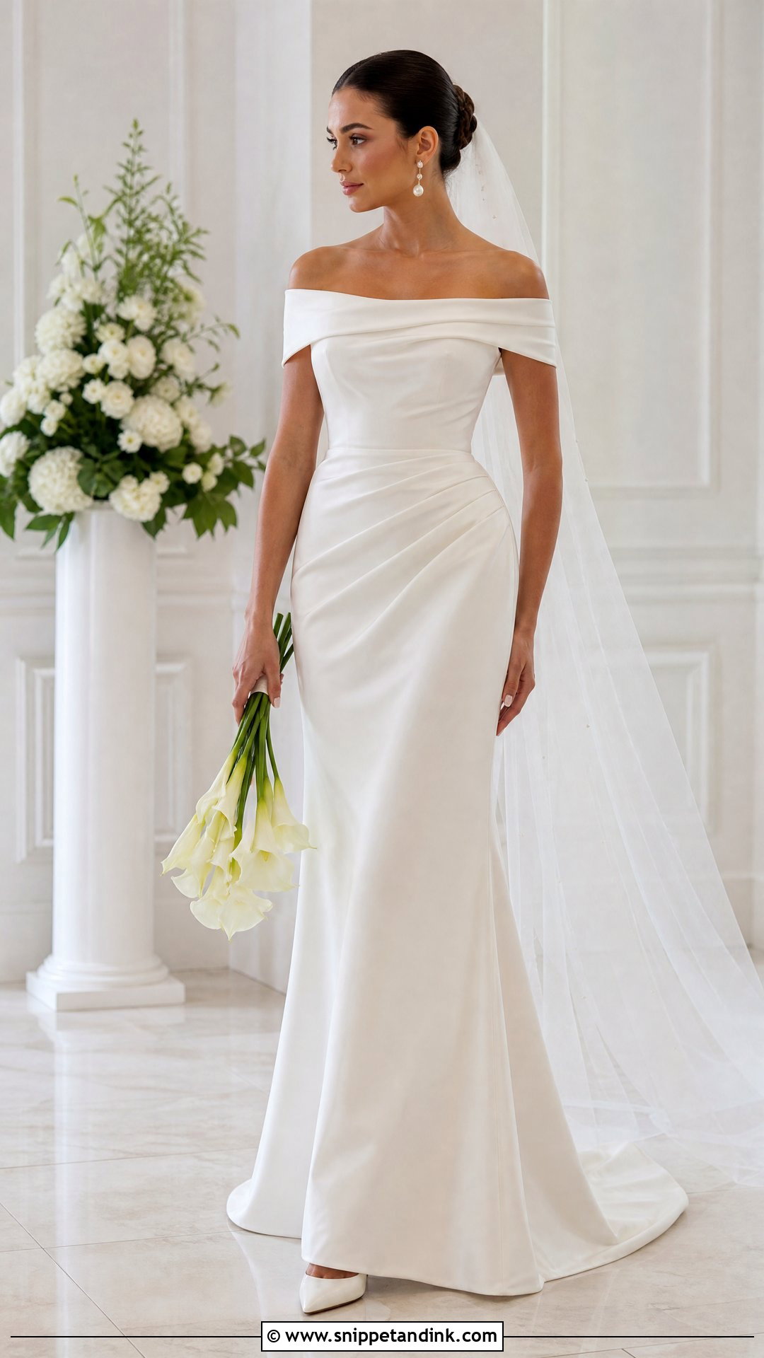 Ruched Satin Off Shoulder Bridal Dress - Snippet and Ink - 20 Off Shoulder Bridal Dress Ideas
