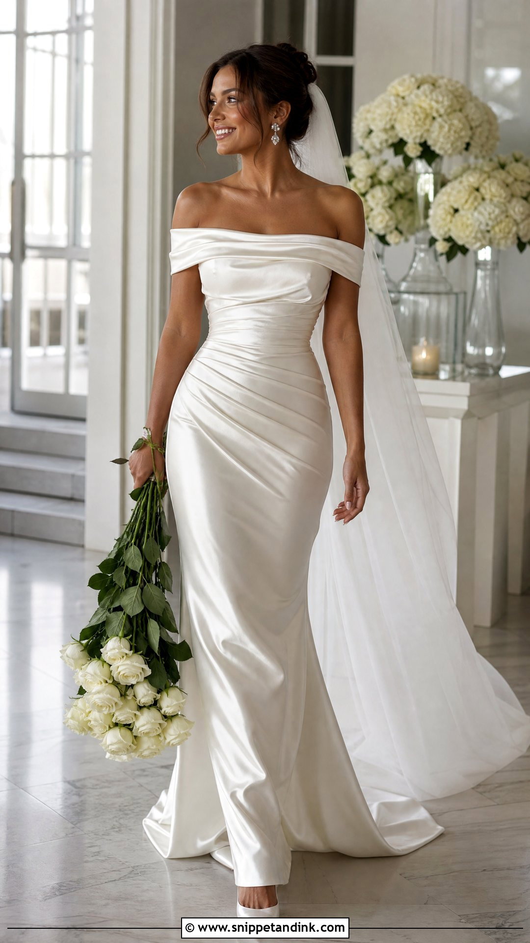 Ruched Satin Off Shoulder Bridal Gown - Snippet and Ink - 20 Off Shoulder Bridal Gown Ideas