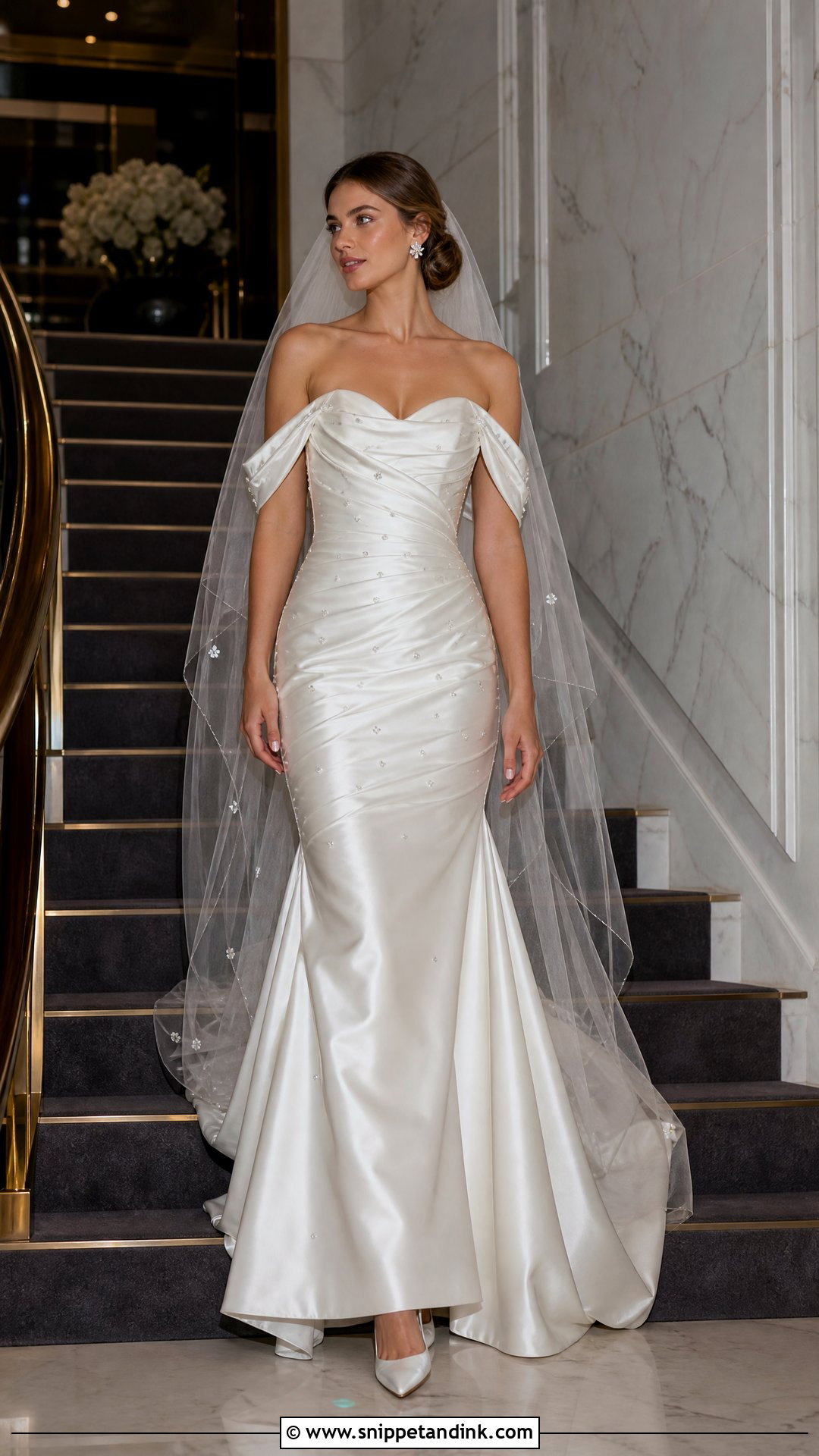 Ruched Satin Wedding Dress With Draped Sleeves - Snippet and Ink - 20 Wedding Dresses Off the Shoulder Sleeves
