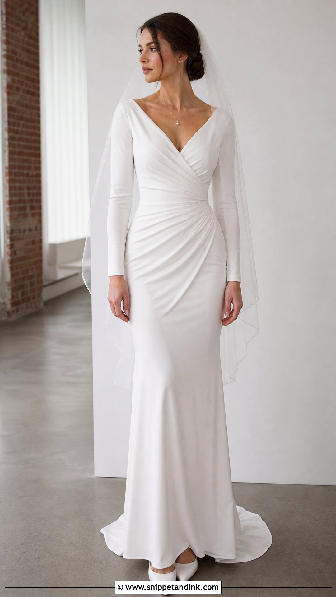 Ruched Stretch Crepe Wedding Dress With Sleeves - Snippet and Ink - 20 Tight Wedding Dress with Sleeves