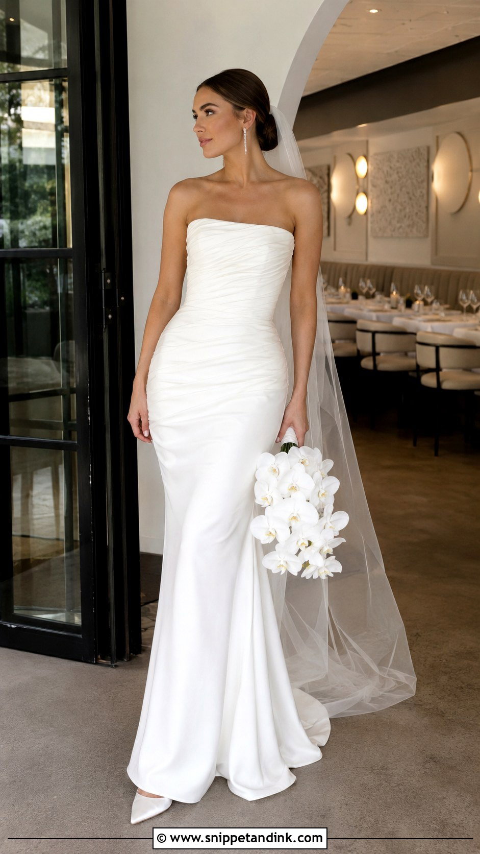 Ruched Tube Wedding Dress With Drop Earrings - Snippet and Ink - 20 Tube Wedding Dress Ideas