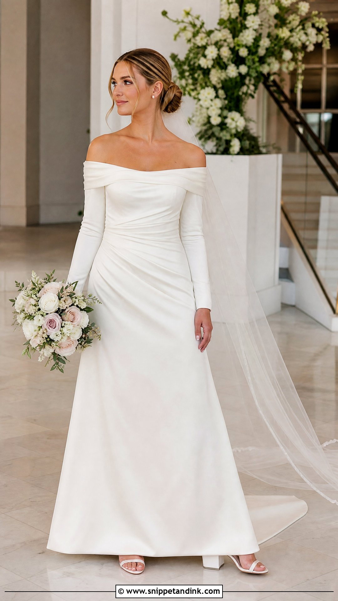 Ruched Waist Off the Shoulder Wedding Dress - Snippet and Ink - 20 Simple Long Wedding Dress with Off the Shoulder Sleeves