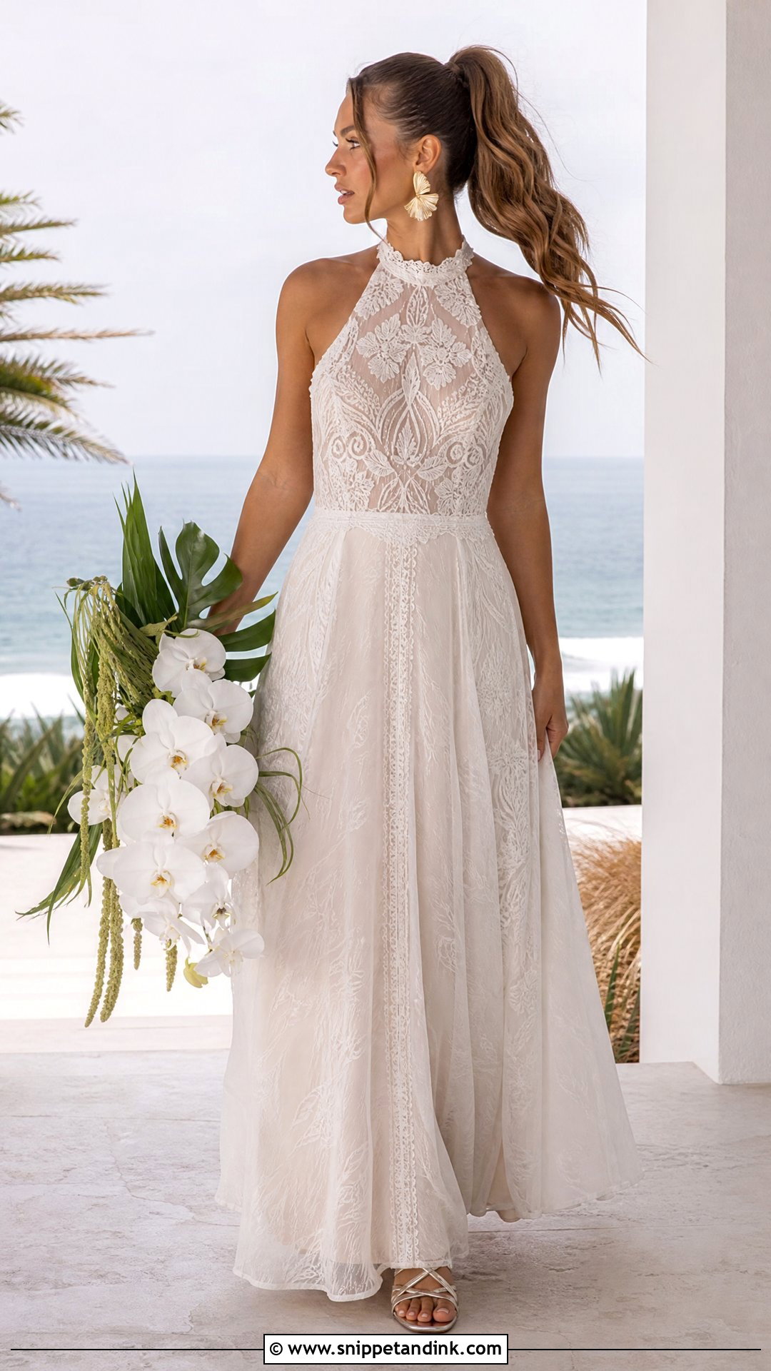 Rue De Seine Bridal Halter Gown With Statement Earrings - Snippet and Ink - 20 Rue De Seine Bridal Ideas