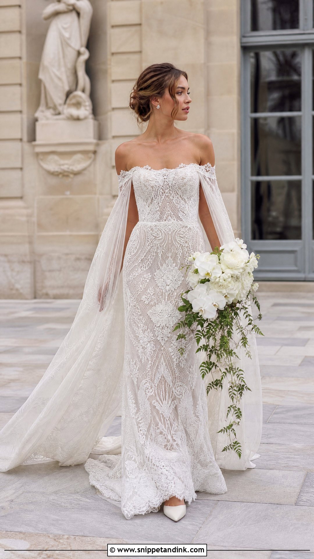 Rue De Seine Bridal Off Shoulder Gown With Cape - Snippet and Ink - 20 Rue De Seine Bridal Ideas