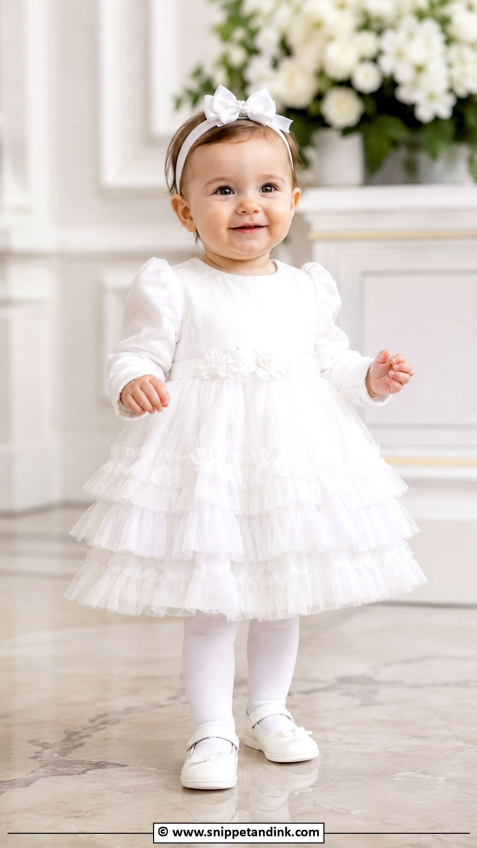 Ruffle Baptism Dress With White Tights - Snippet and Ink - 25 Baby Girl Baptism Dress Ideas