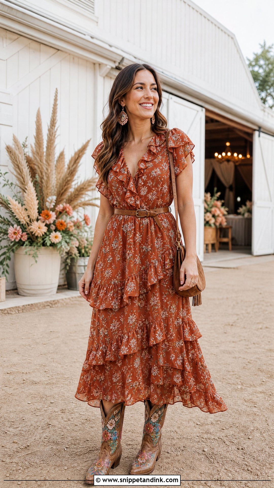 Ruffle Dress With Embroidered Boots - Snippet and Ink - 20 Western Welcome Party Outfit Ideas