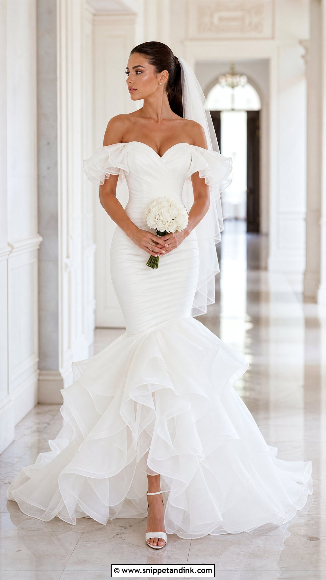 Ruffle Off the Shoulder Mermaid Wedding Dress - Snippet and Ink - 20 Off the Shoulder Mermaid Wedding Dress Ideas